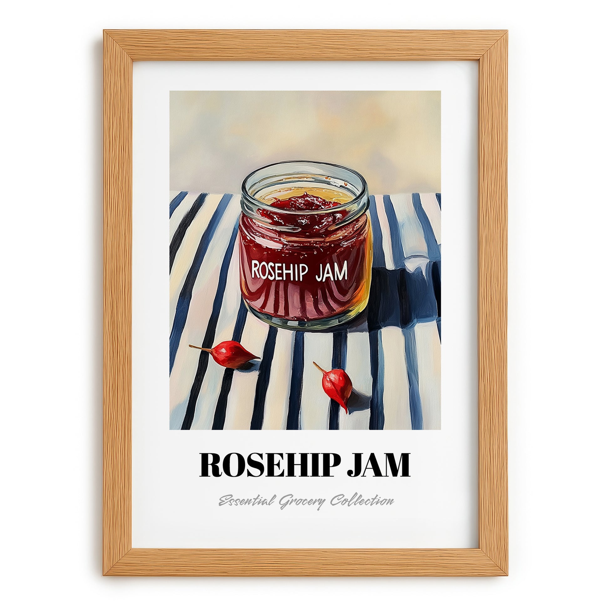 Rosehip Jam – on Striped Tablecloth, Jam Art, set in oak frame