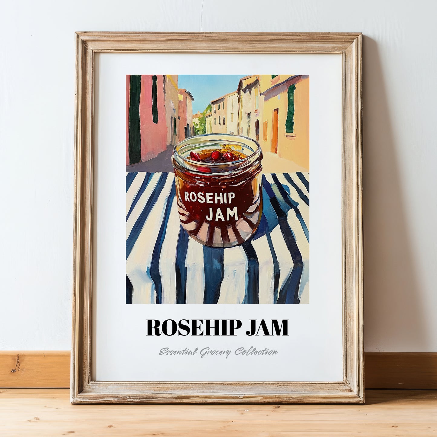 Rosehip Jam – Italian Urban Café Scene, Jam Illustration, in wooden frame leaning on the floor