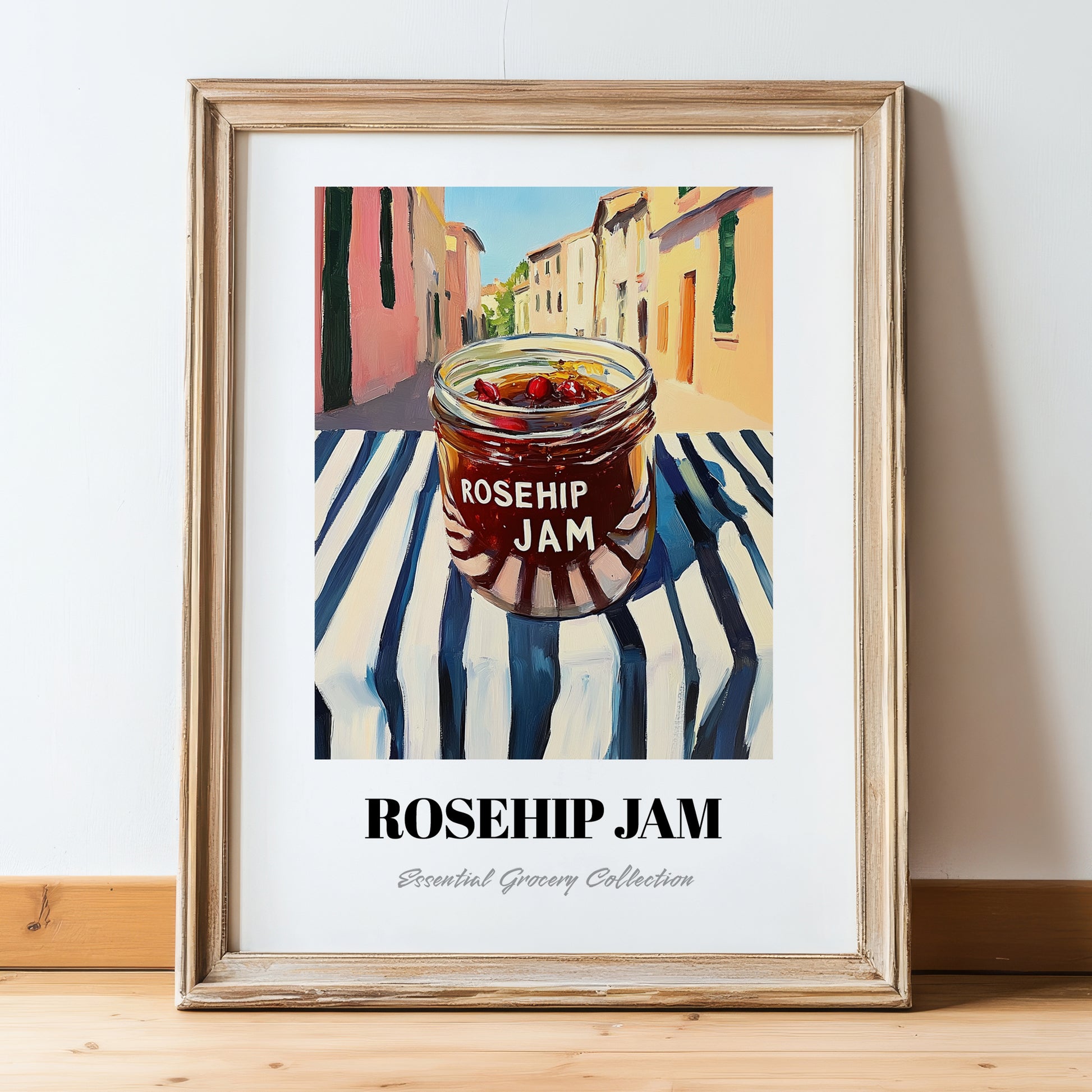 Rosehip Jam – Italian Urban Café Scene, Jam Illustration, in wooden frame leaning on the floor