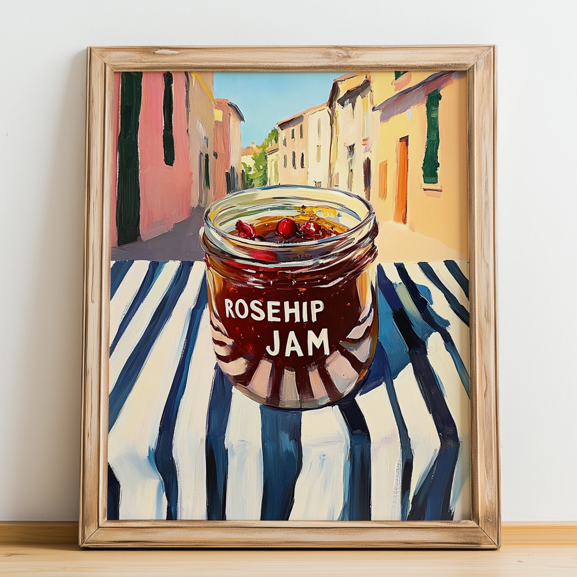 Rosehip Jam – Italian Urban Café Scene, Jam Illustration, no-text version framed in wood