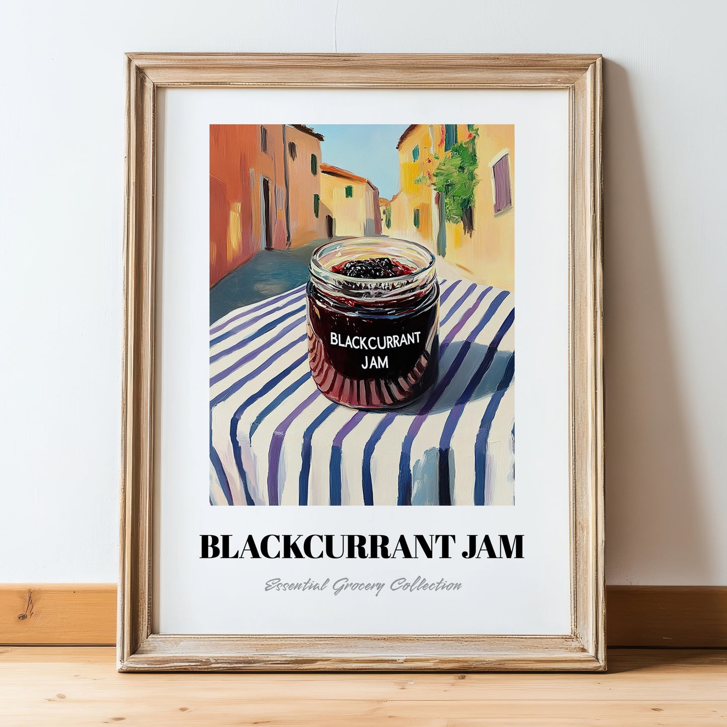 Blackcurrant Jam – Italian Urban Café Scene, Jam Wall Illustration, in wooden frame leaning on the floor