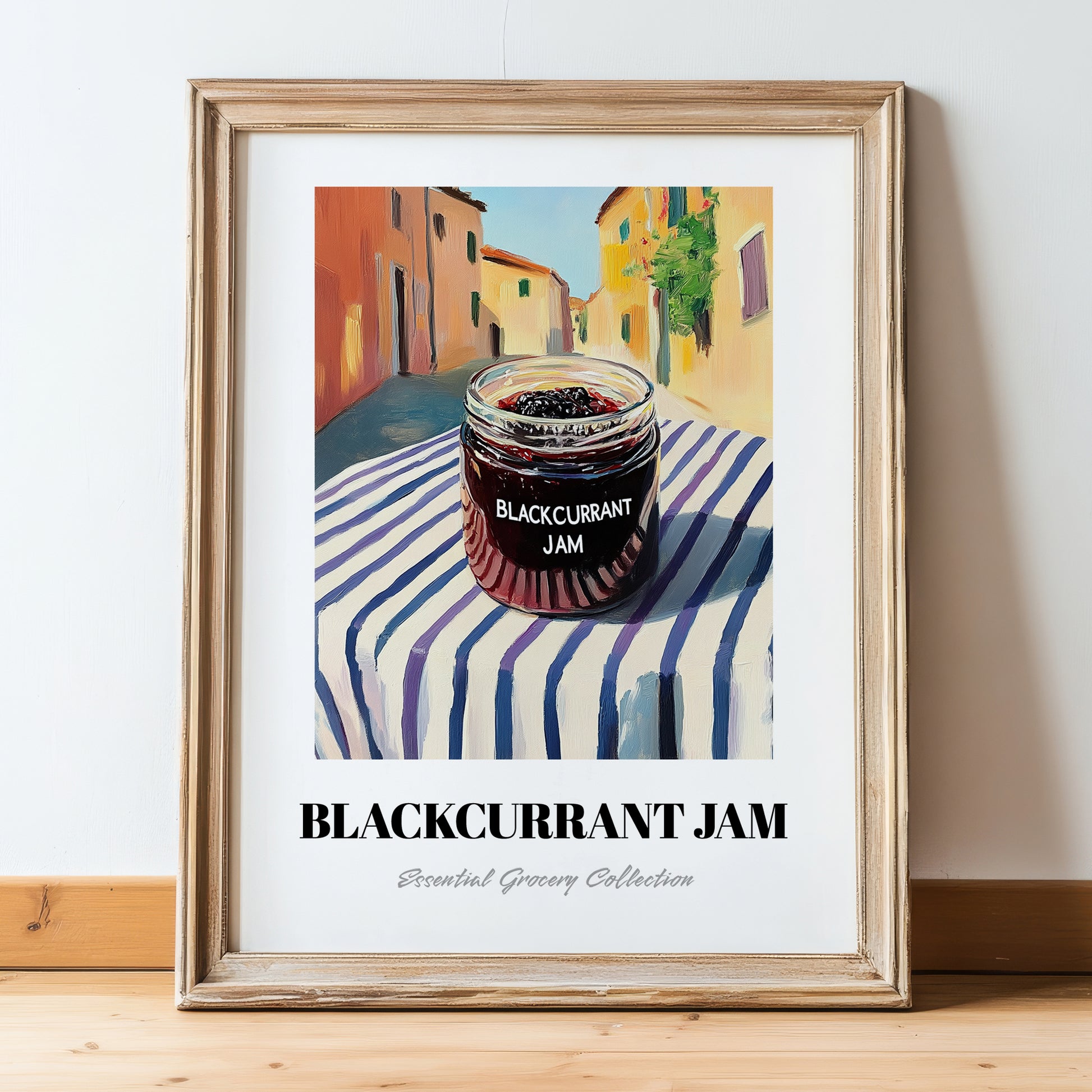Blackcurrant Jam – Italian Urban Café Scene, Jam Wall Illustration, in wooden frame leaning on the floor