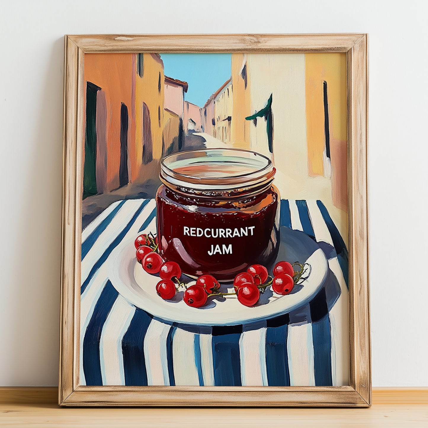 Redcurrant Jam – Italian Outdoor Café Scene, Jam Wall Art, no-text version framed in wood