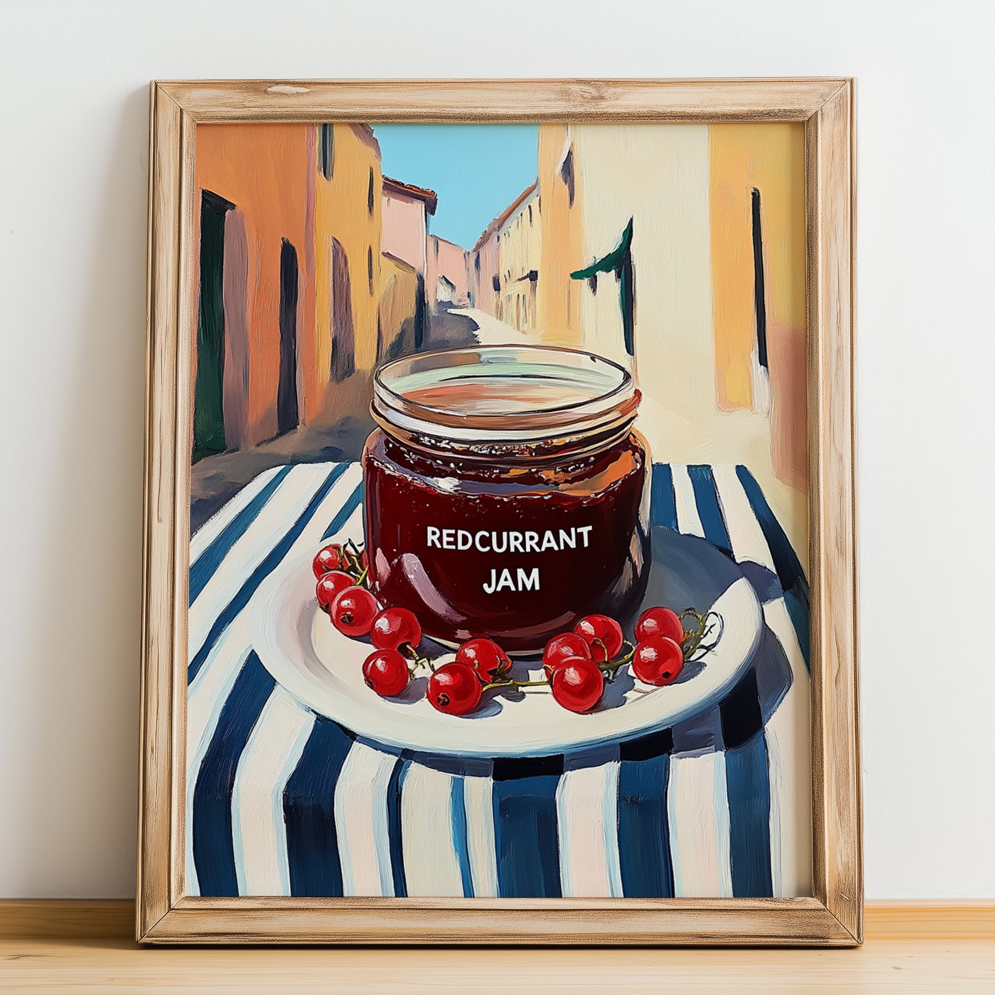 Redcurrant Jam – Italian Outdoor Café Scene, Jam Wall Art, no-text version framed in wood