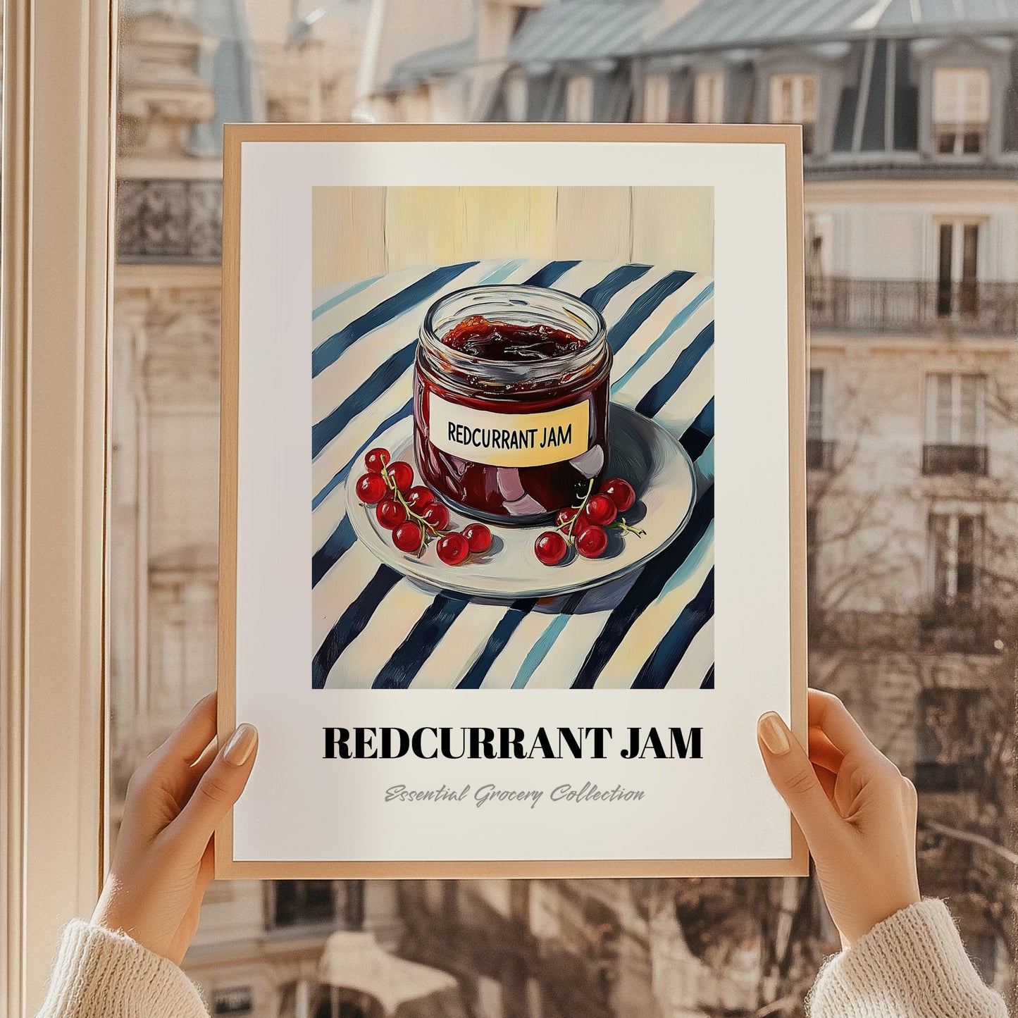 Redcurrant Jam – on Striped Tablecloth, Jam Wall Art, styled in a charming Paris street view