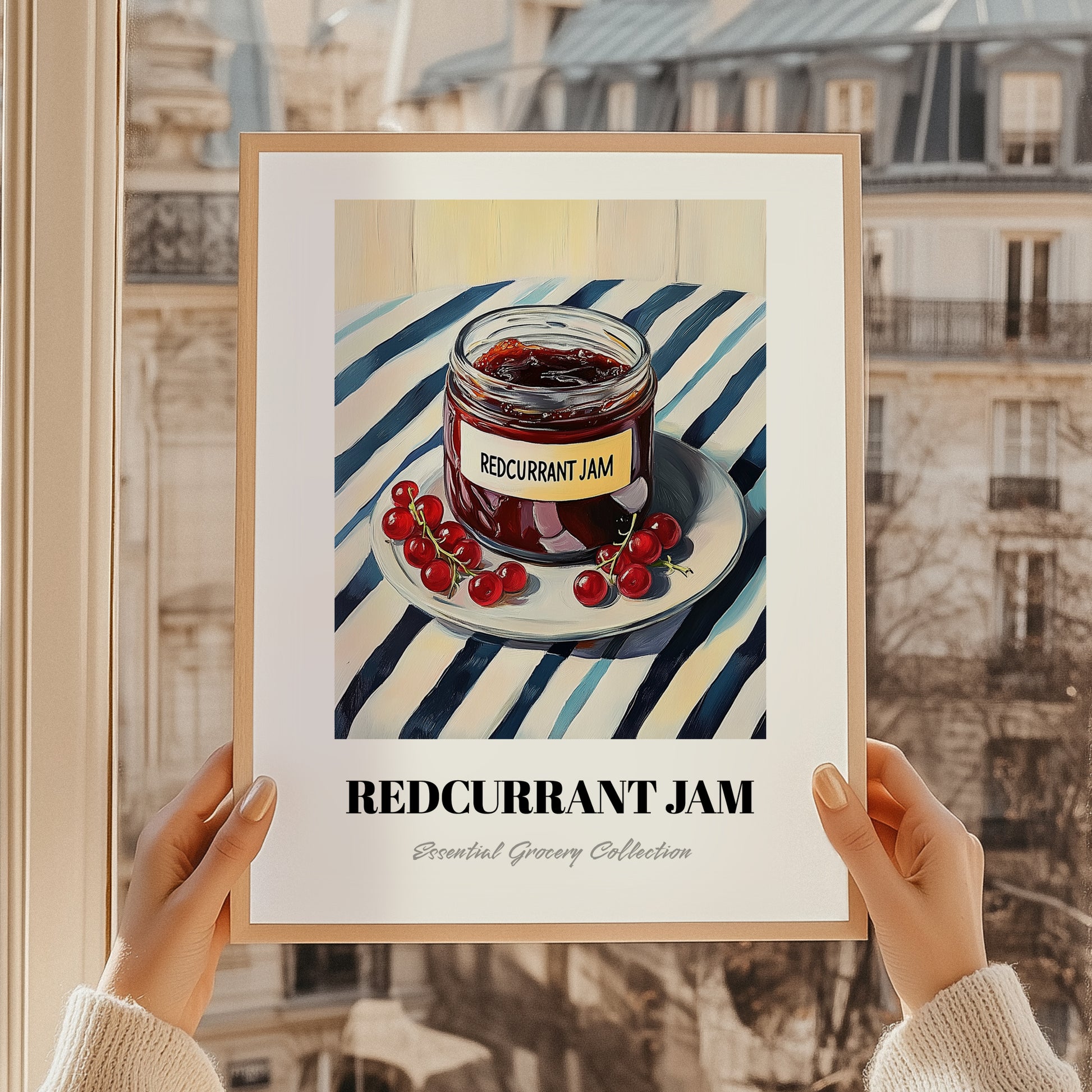 Redcurrant Jam – on Striped Tablecloth, Jam Wall Art, styled in a charming Paris street view