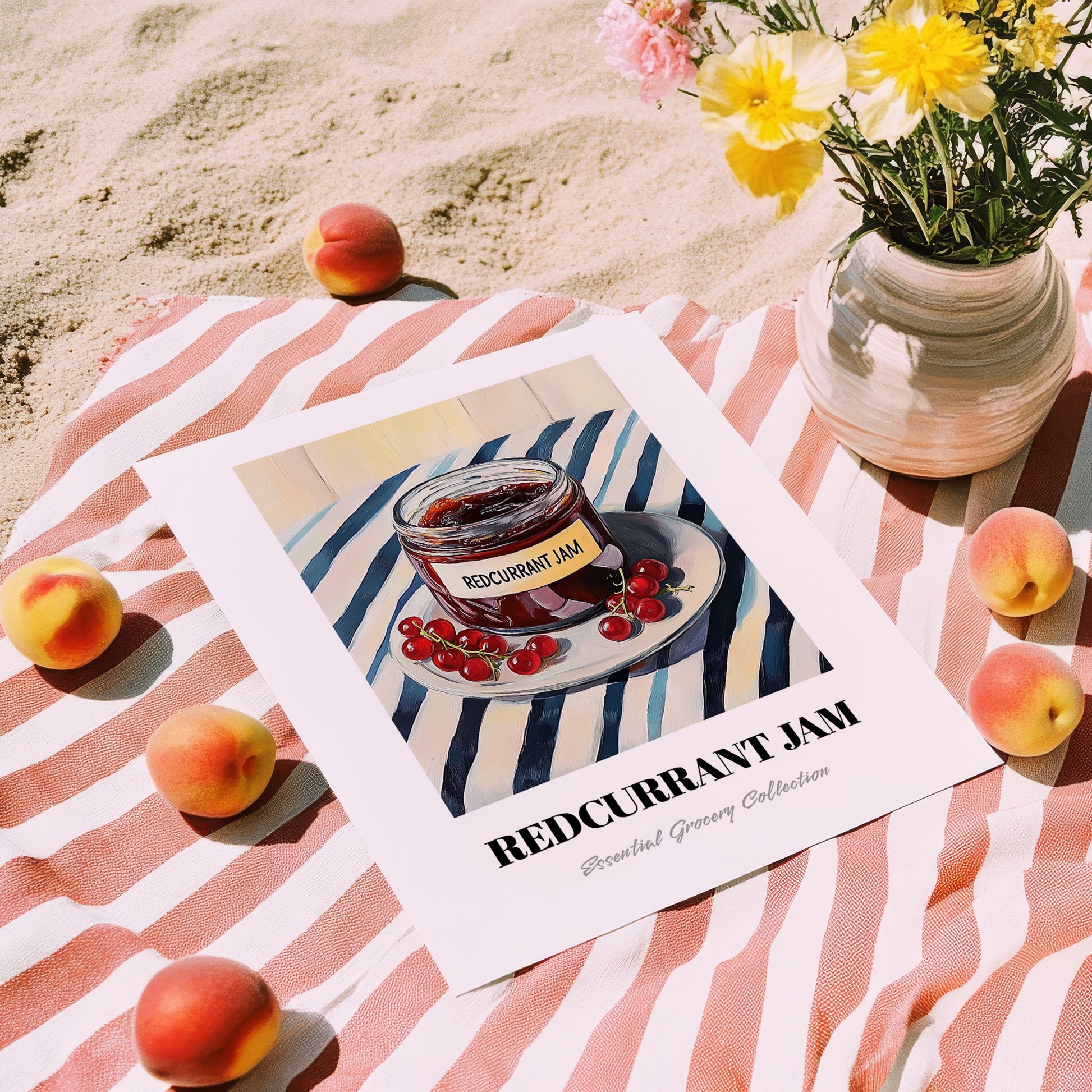 Redcurrant Jam – on Striped Tablecloth, Jam Wall Art, unframed on coastal sand