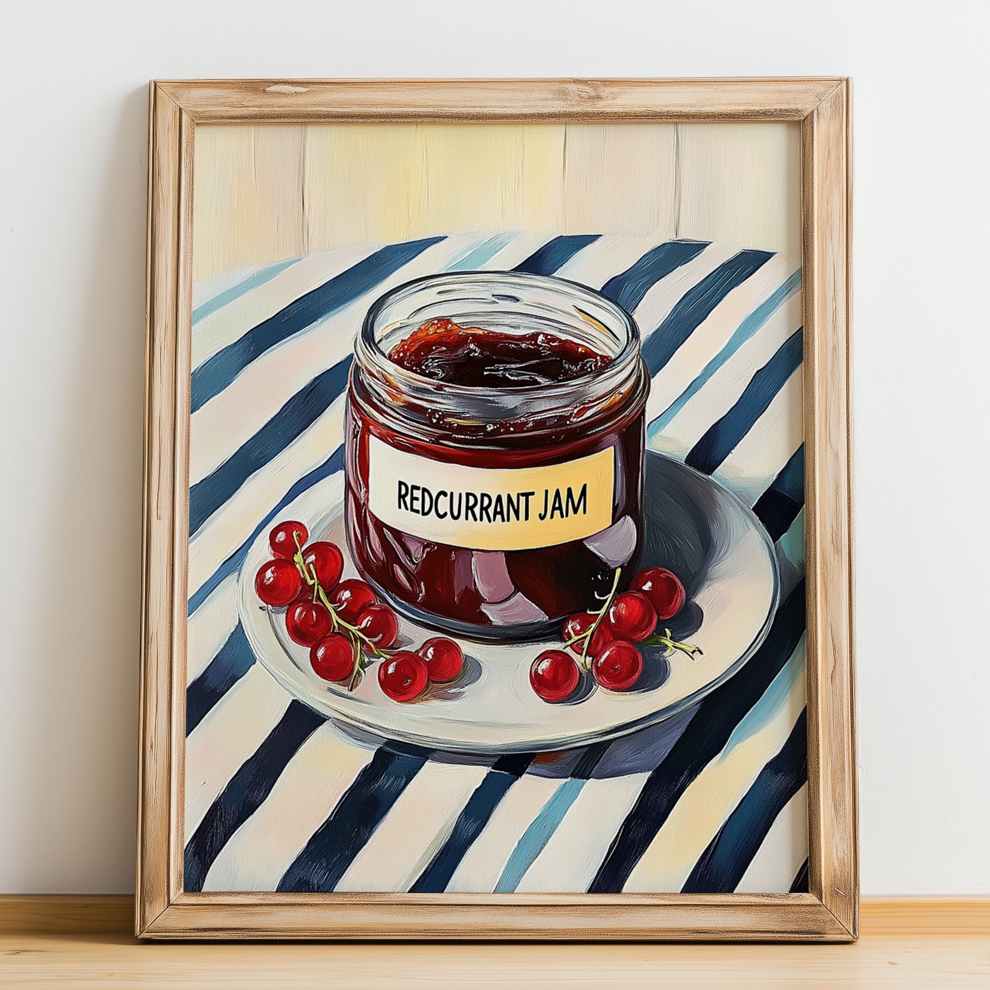 Redcurrant Jam – on Striped Tablecloth, Jam Wall Art, no-text version framed in wood