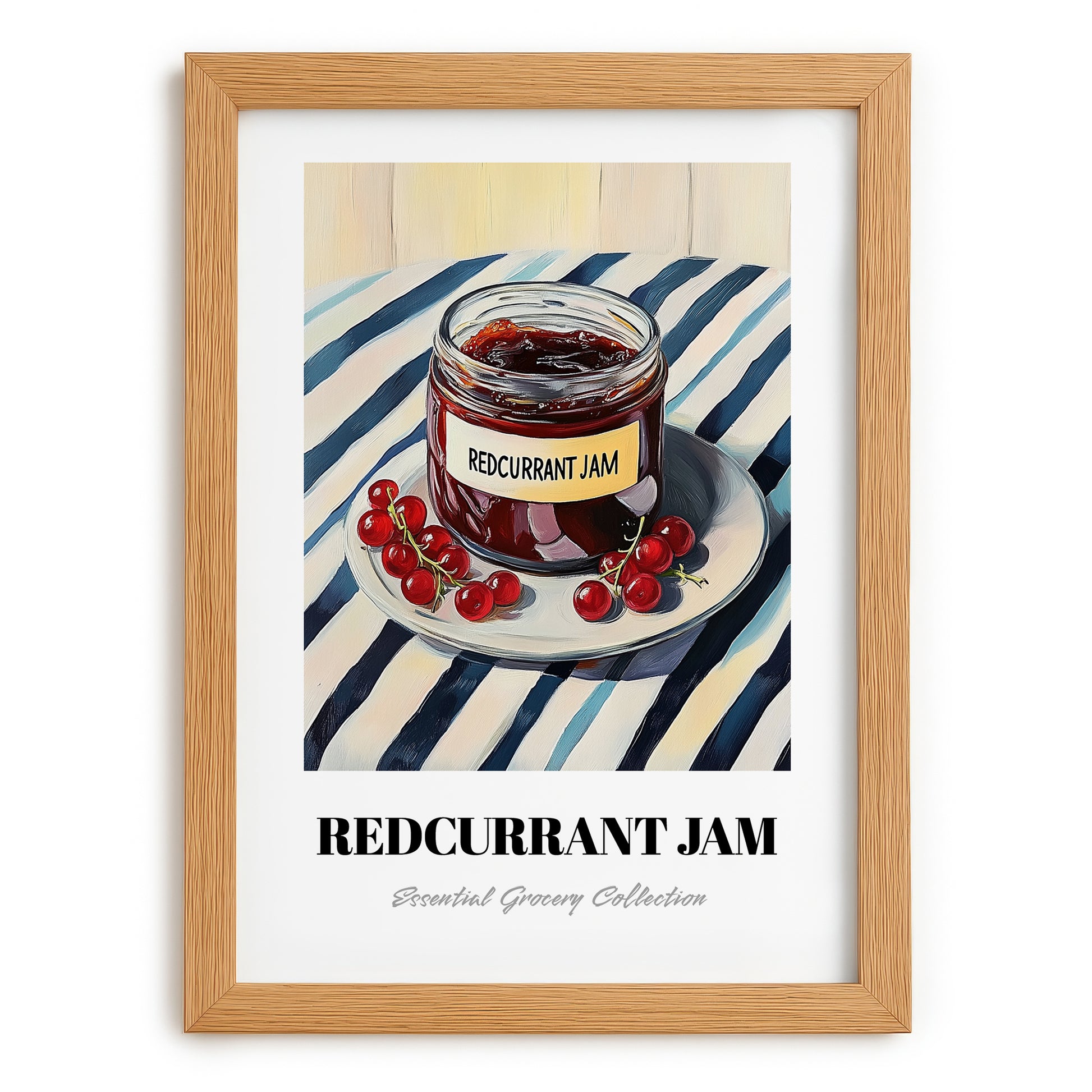 Redcurrant Jam – on Striped Tablecloth, Jam Wall Art, set in oak frame
