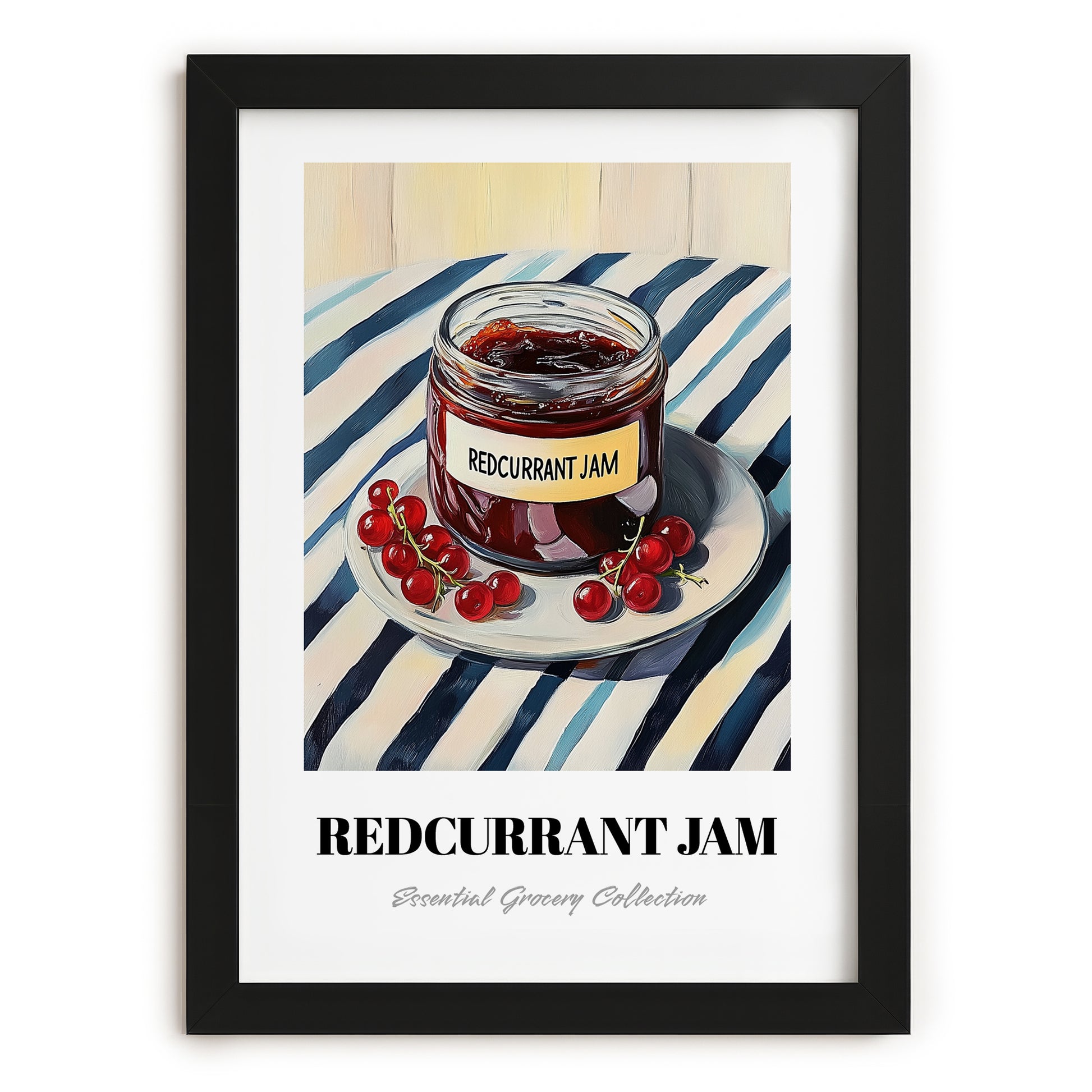 Redcurrant Jam – on Striped Tablecloth, Jam Wall Art, in sleek black frame