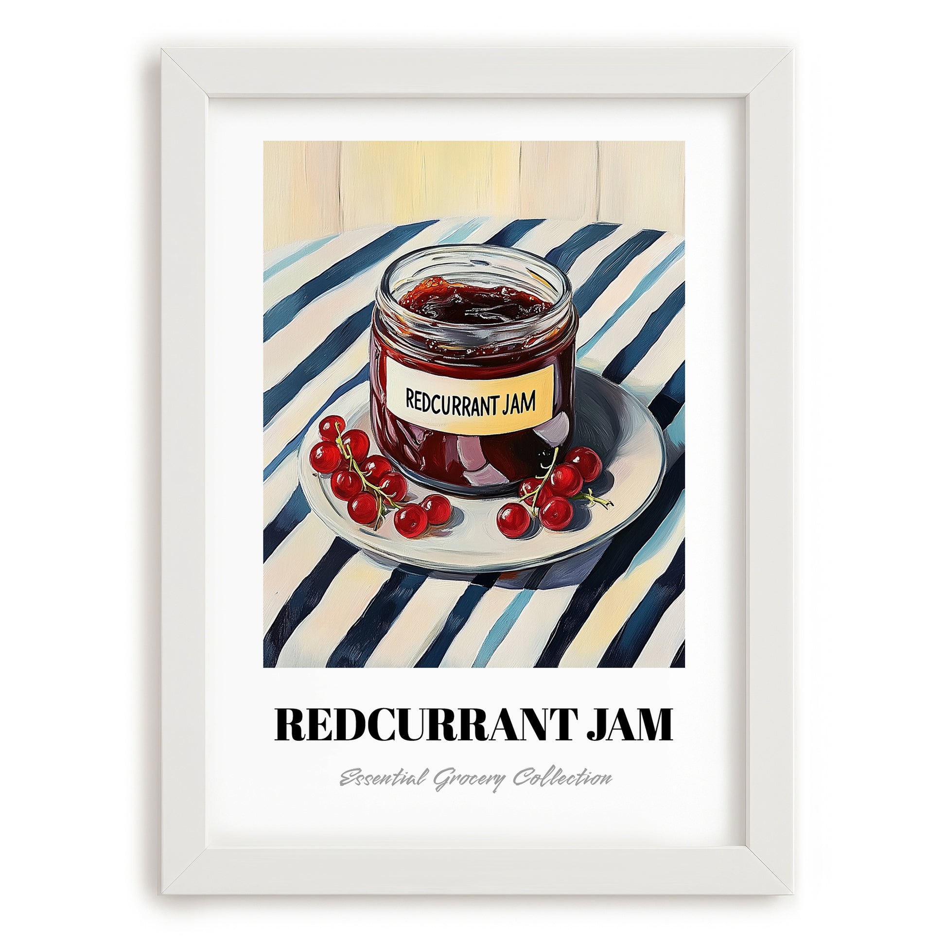 Redcurrant Jam – on Striped Tablecloth, Jam Wall Art, placed in minimal white frame