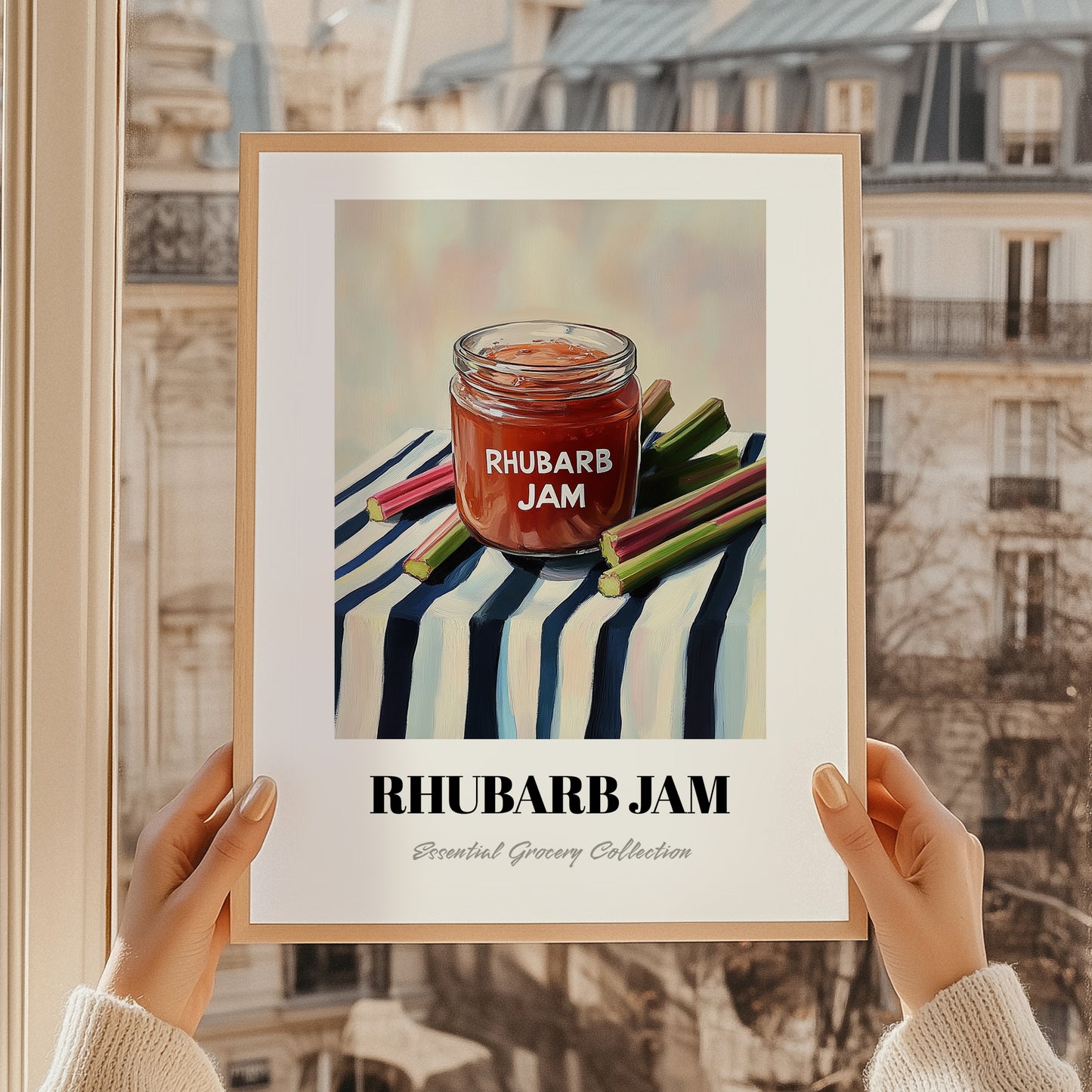 Rhubarb Jam – on Striped Tablecloth, Jam Wall Painting, styled in a charming Paris street view