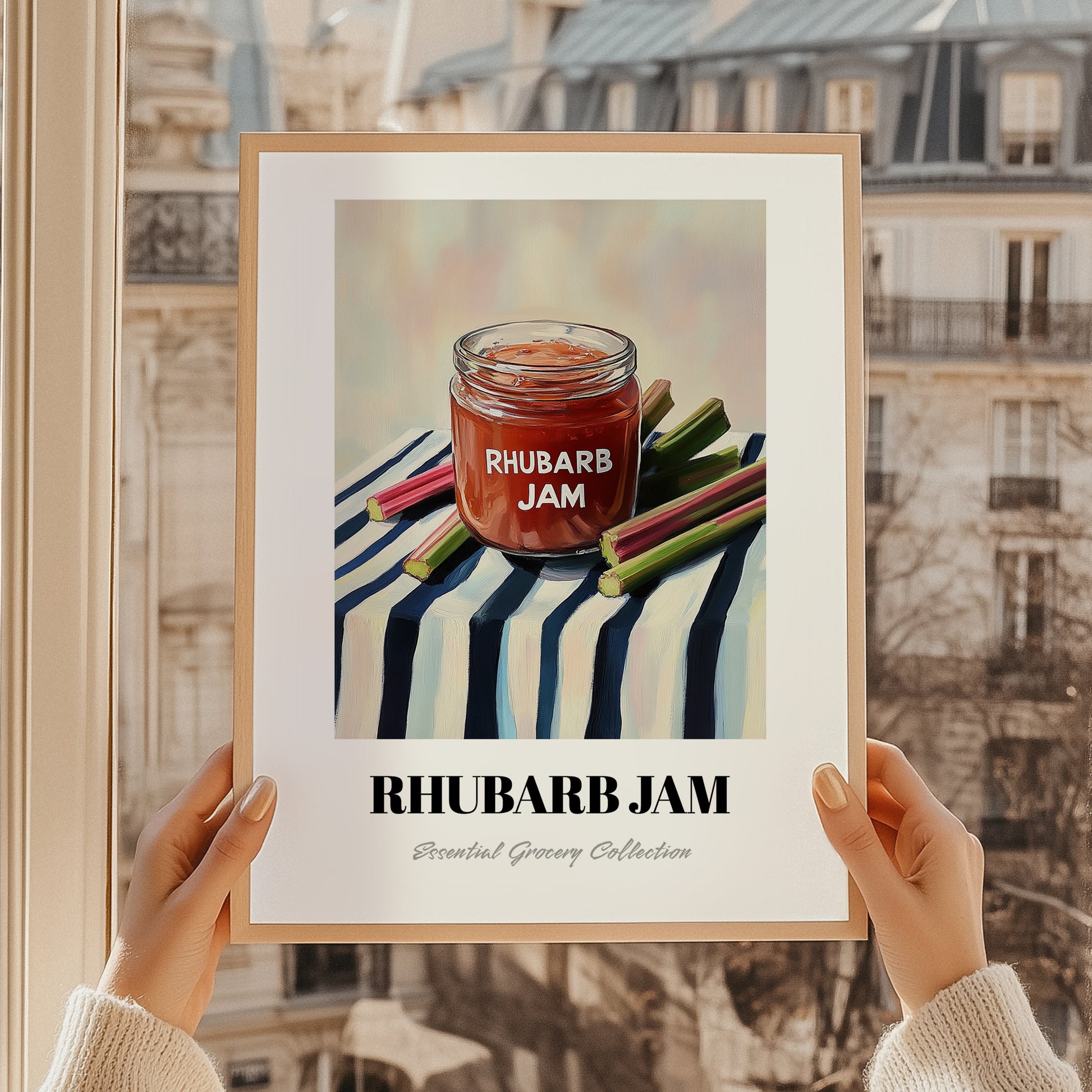 Rhubarb Jam – on Striped Tablecloth, Jam Wall Painting, styled in a charming Paris street view