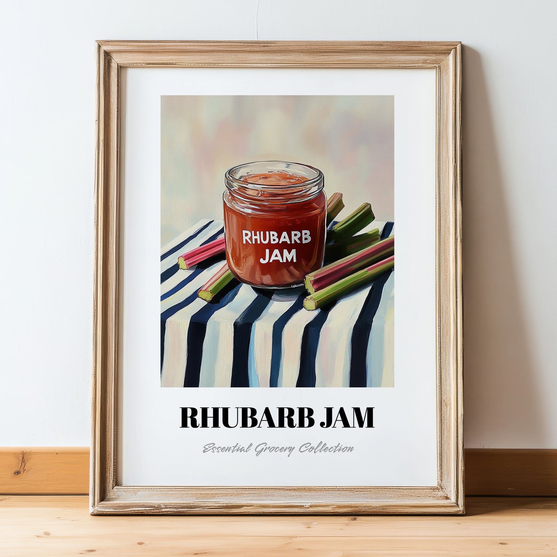 Rhubarb Jam – on Striped Tablecloth, Jam Wall Painting, in wooden frame leaning on the floor