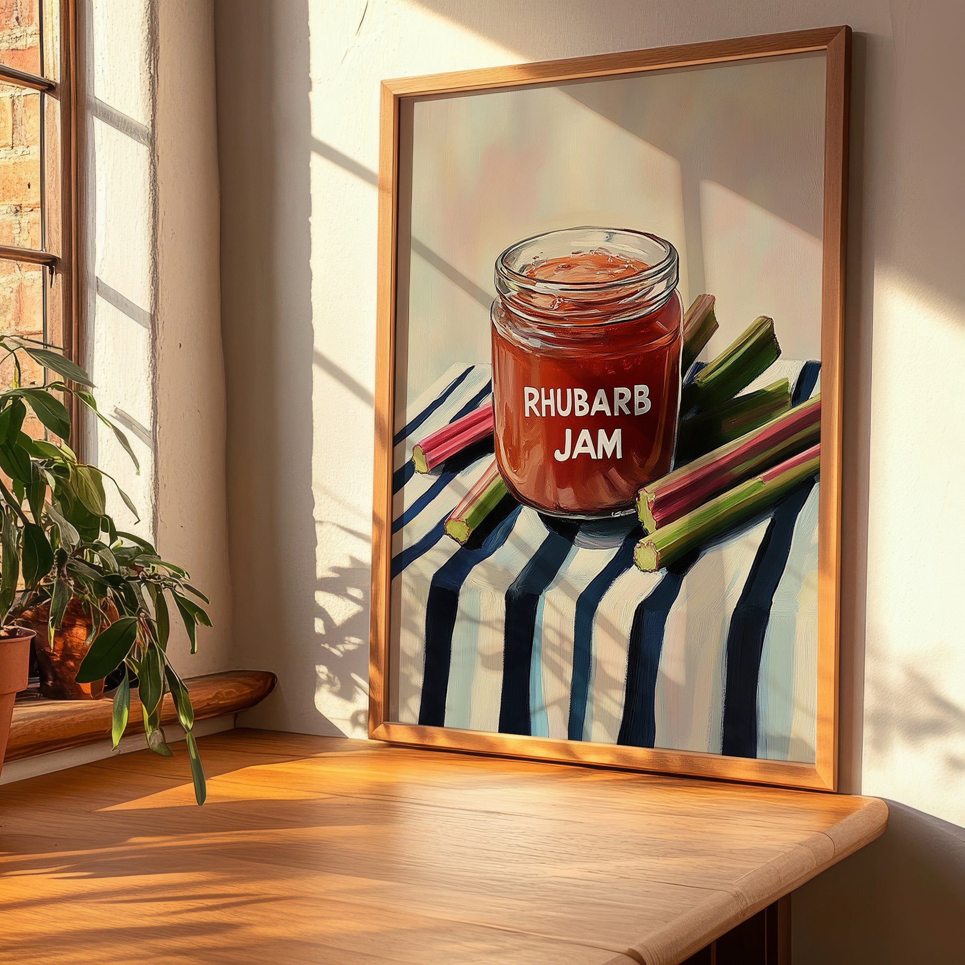 Rhubarb Jam – on Striped Tablecloth, Jam Wall Painting, clean layout with no caption