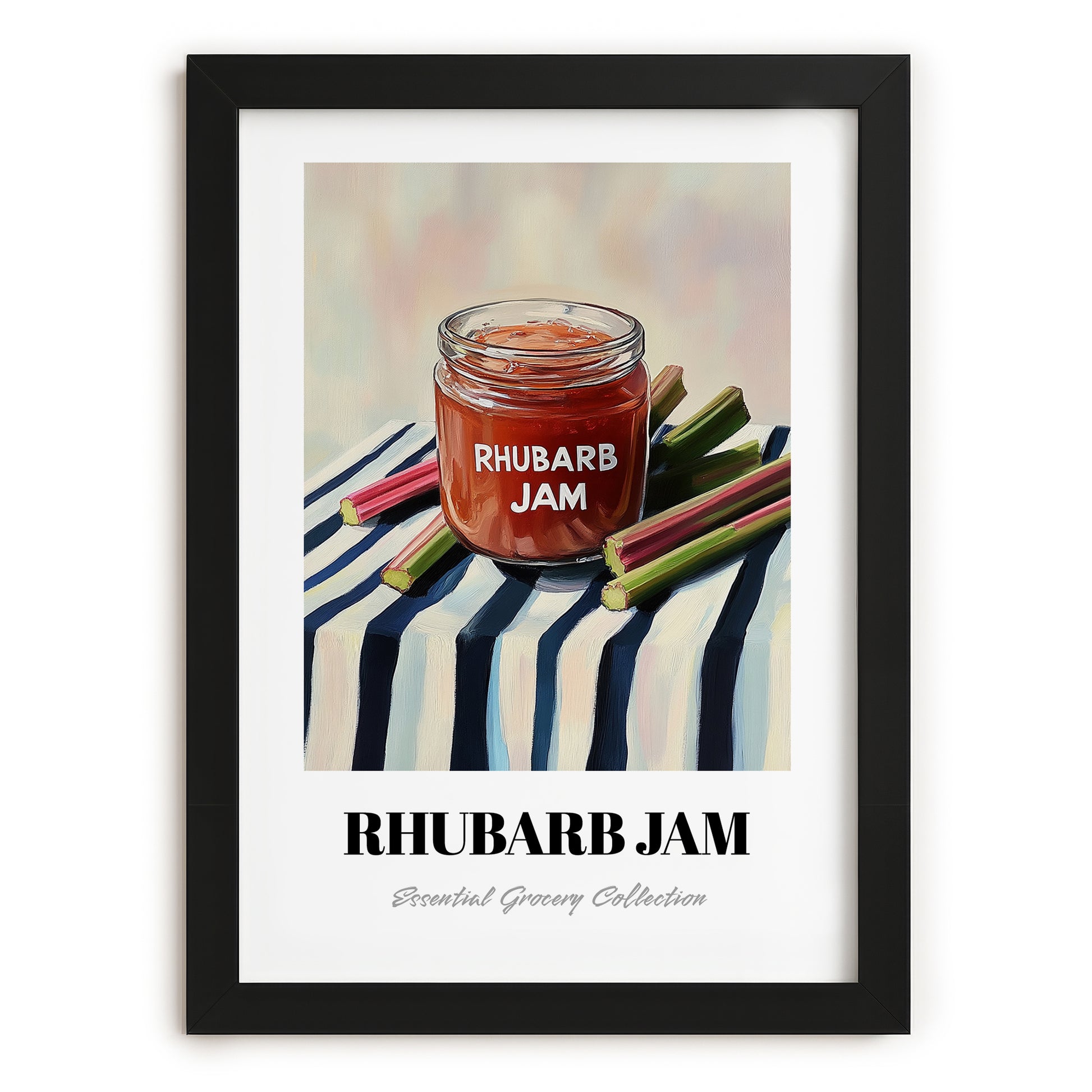 Rhubarb Jam – on Striped Tablecloth, Jam Wall Painting, in sleek black frame
