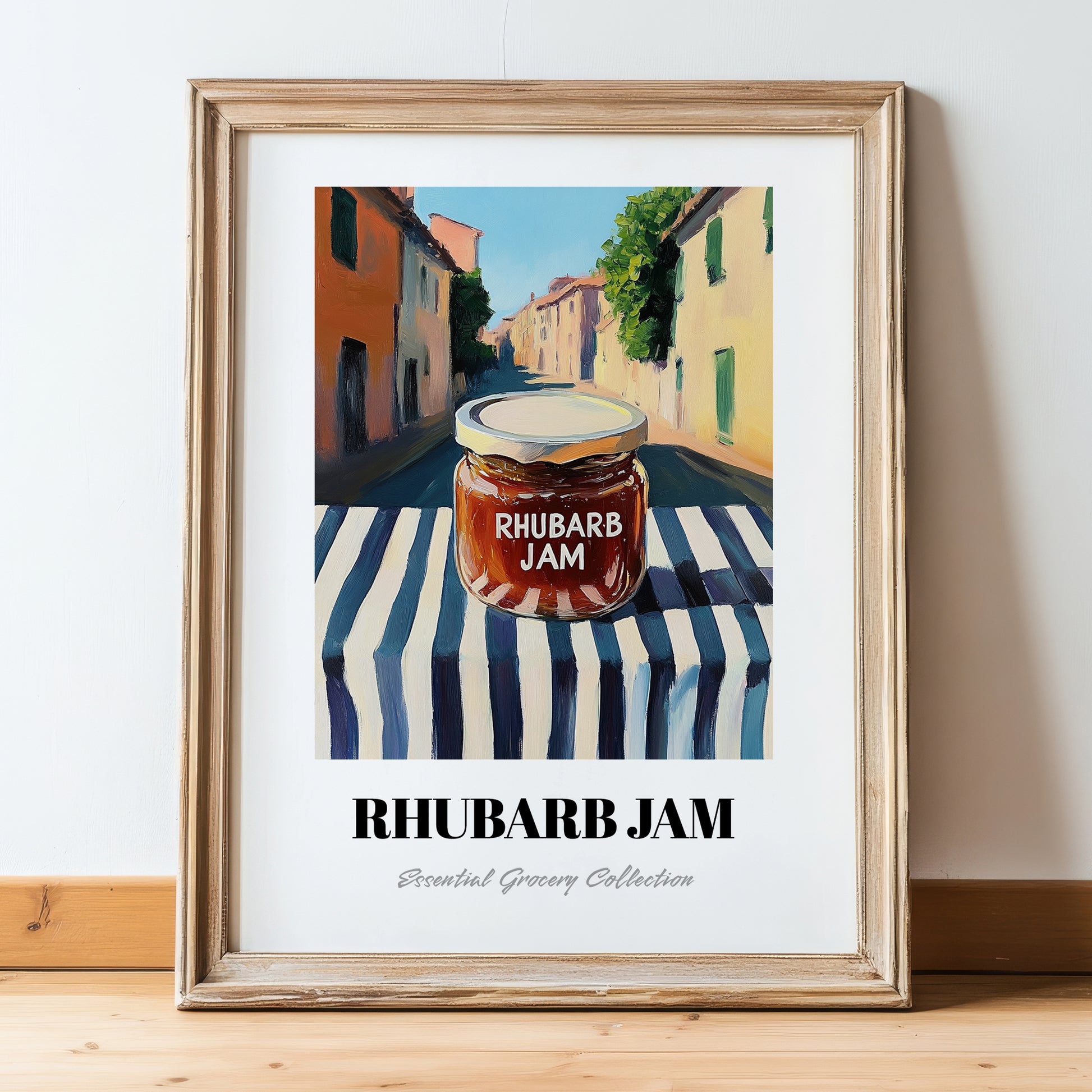 Rhubarb Jam – Italian Street Café Scene, Jam Wall Decor, in wooden frame leaning on the floor