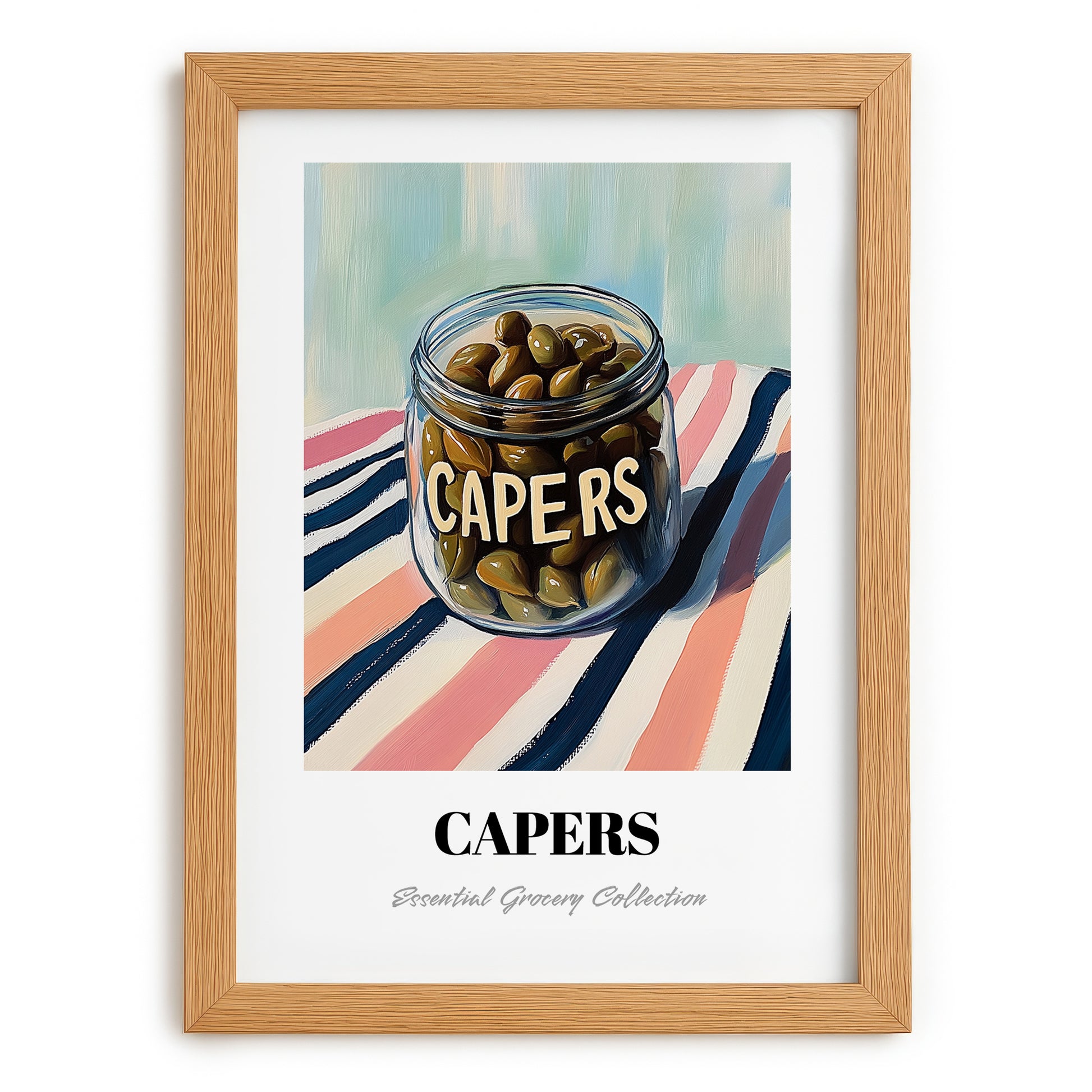 Capers – on Striped Tablecloth, Canned Vegetables Painting, set in oak frame