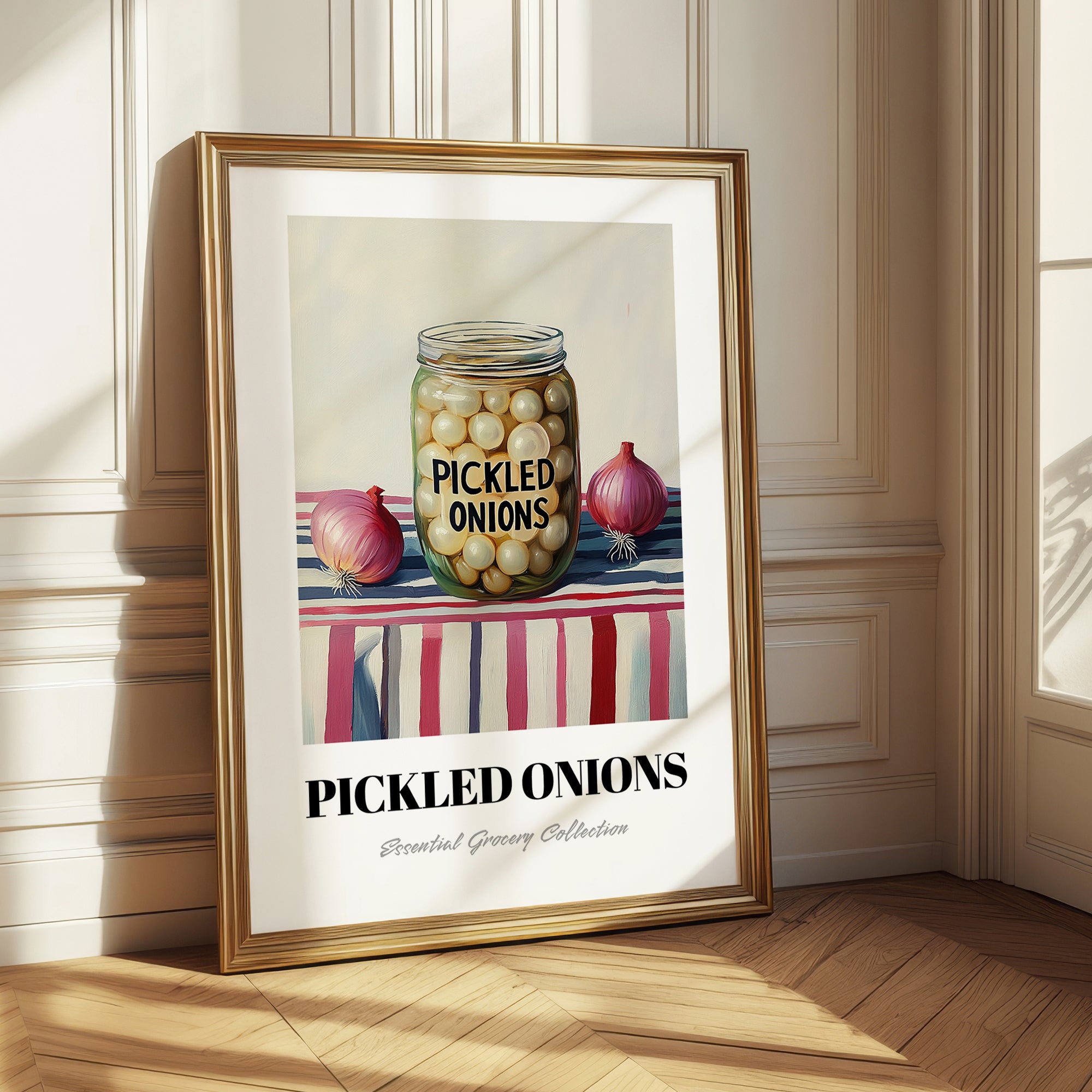 Pickled Onions – on Striped Tablecloth, Canned Vegetables Still Life