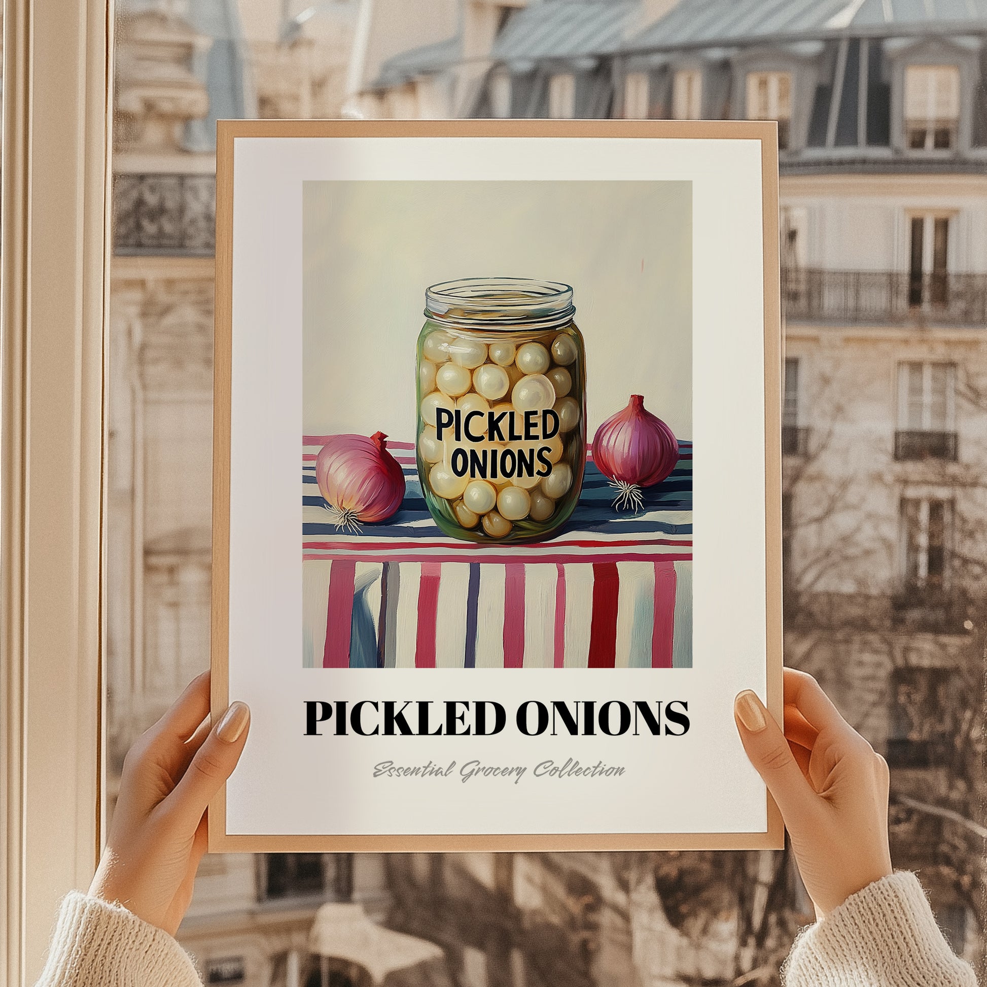 Pickled Onions – on Striped Tablecloth, Canned Vegetables Still Life, styled in a charming Paris street view