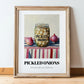 Pickled Onions – on Striped Tablecloth, Canned Vegetables Still Life, in wooden frame leaning on the floor