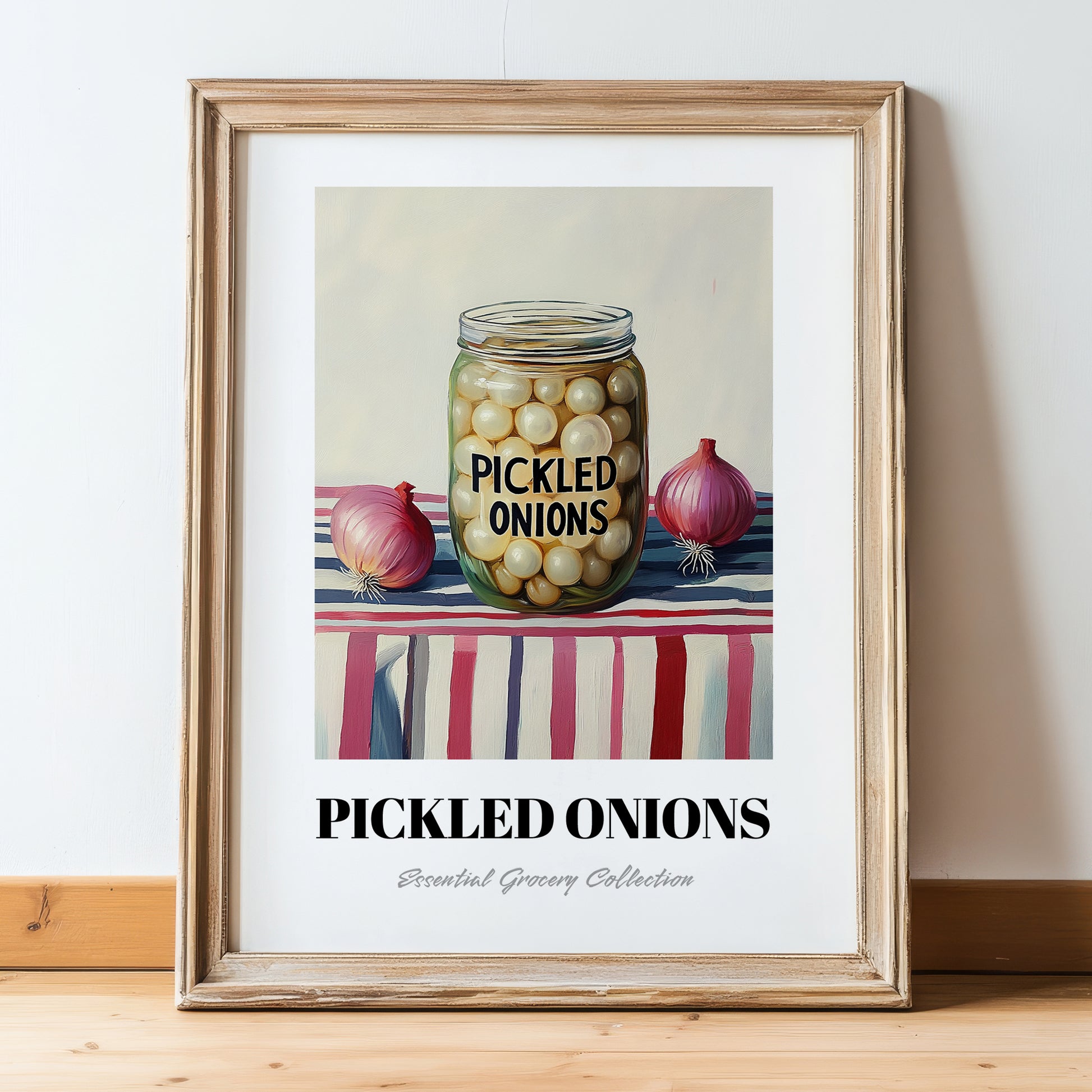 Pickled Onions – on Striped Tablecloth, Canned Vegetables Still Life, in wooden frame leaning on the floor