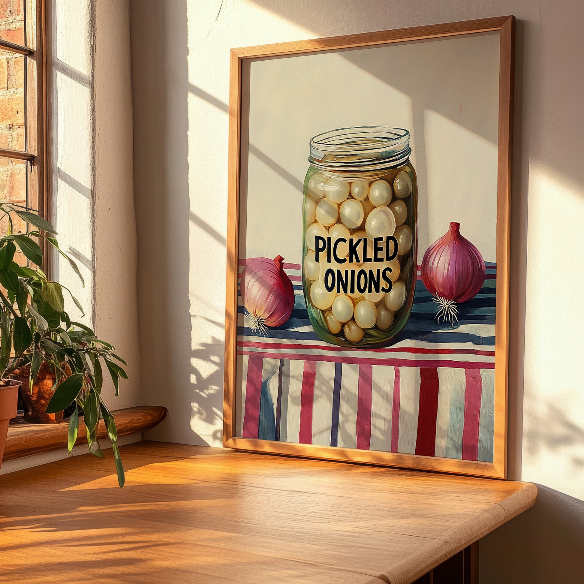 Pickled Onions – on Striped Tablecloth, Canned Vegetables Still Life, clean layout with no caption