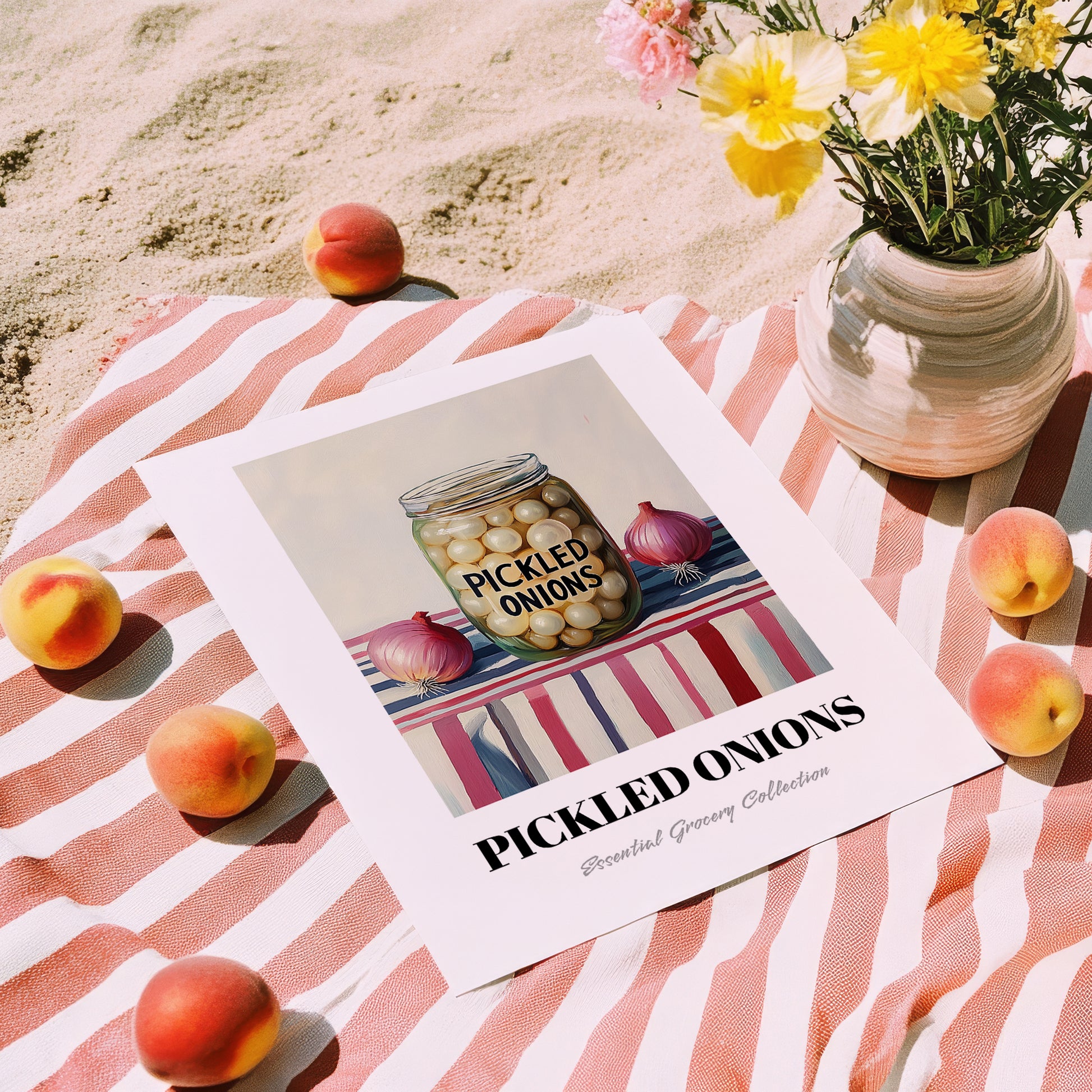 Pickled Onions – on Striped Tablecloth, Canned Vegetables Still Life, unframed on coastal sand