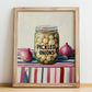 Pickled Onions – on Striped Tablecloth, Canned Vegetables Still Life, no-text version framed in wood