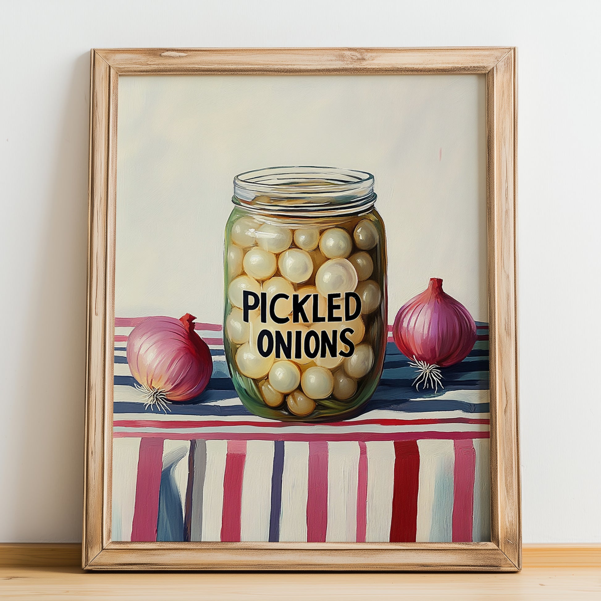 Pickled Onions – on Striped Tablecloth, Canned Vegetables Still Life, no-text version framed in wood