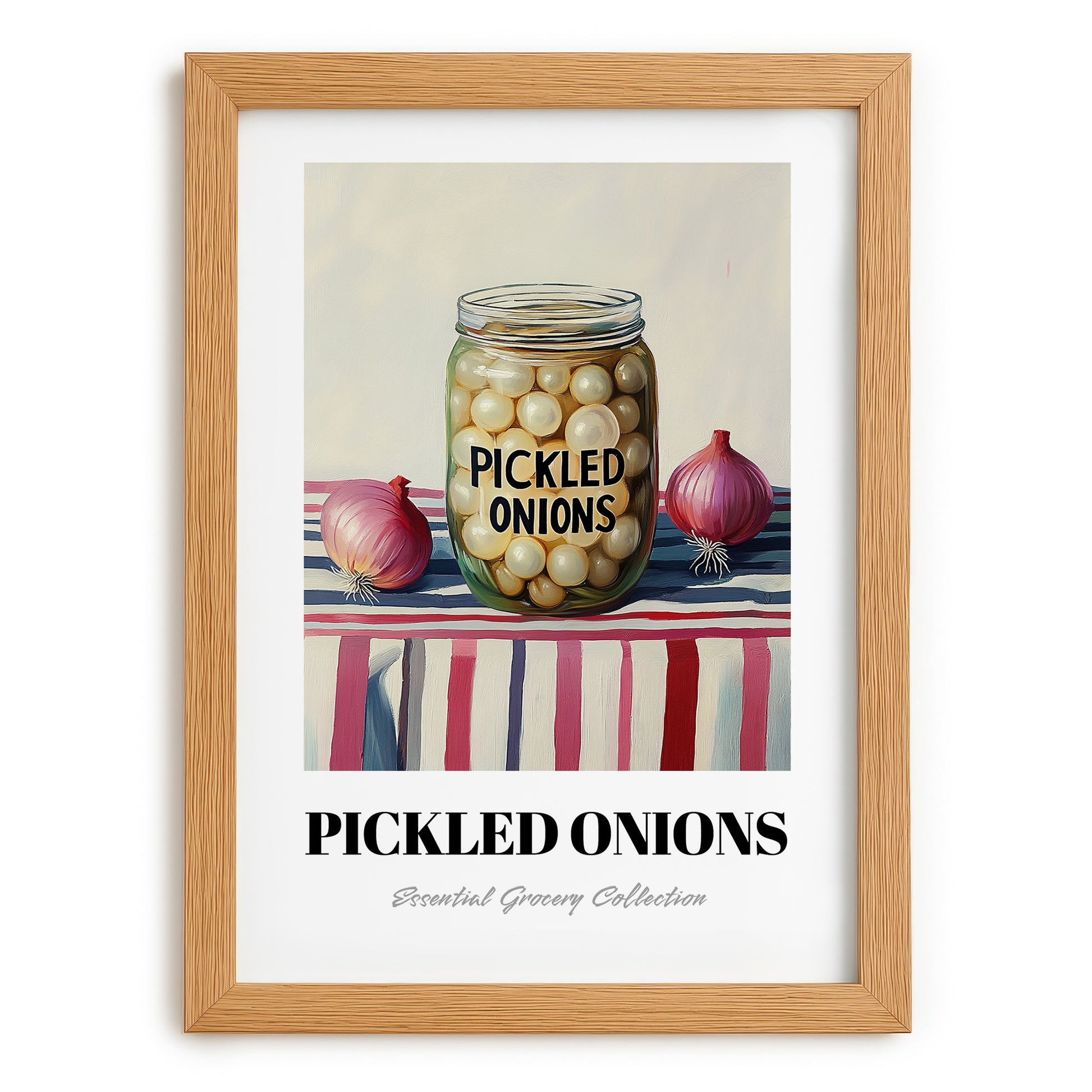 Pickled Onions – on Striped Tablecloth, Canned Vegetables Still Life, set in oak frame