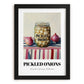 Pickled Onions – on Striped Tablecloth, Canned Vegetables Still Life, in sleek black frame
