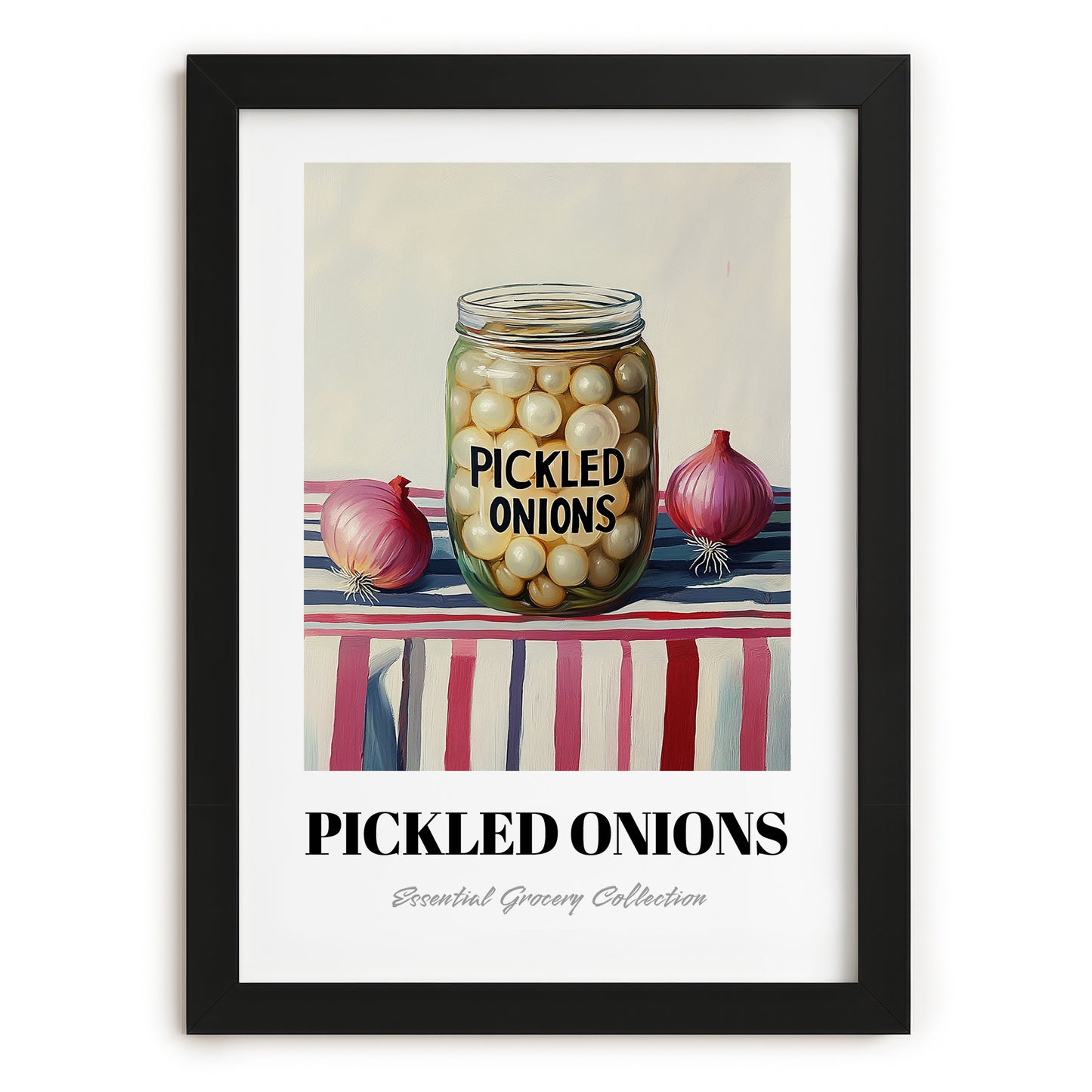 Pickled Onions – on Striped Tablecloth, Canned Vegetables Still Life, in sleek black frame