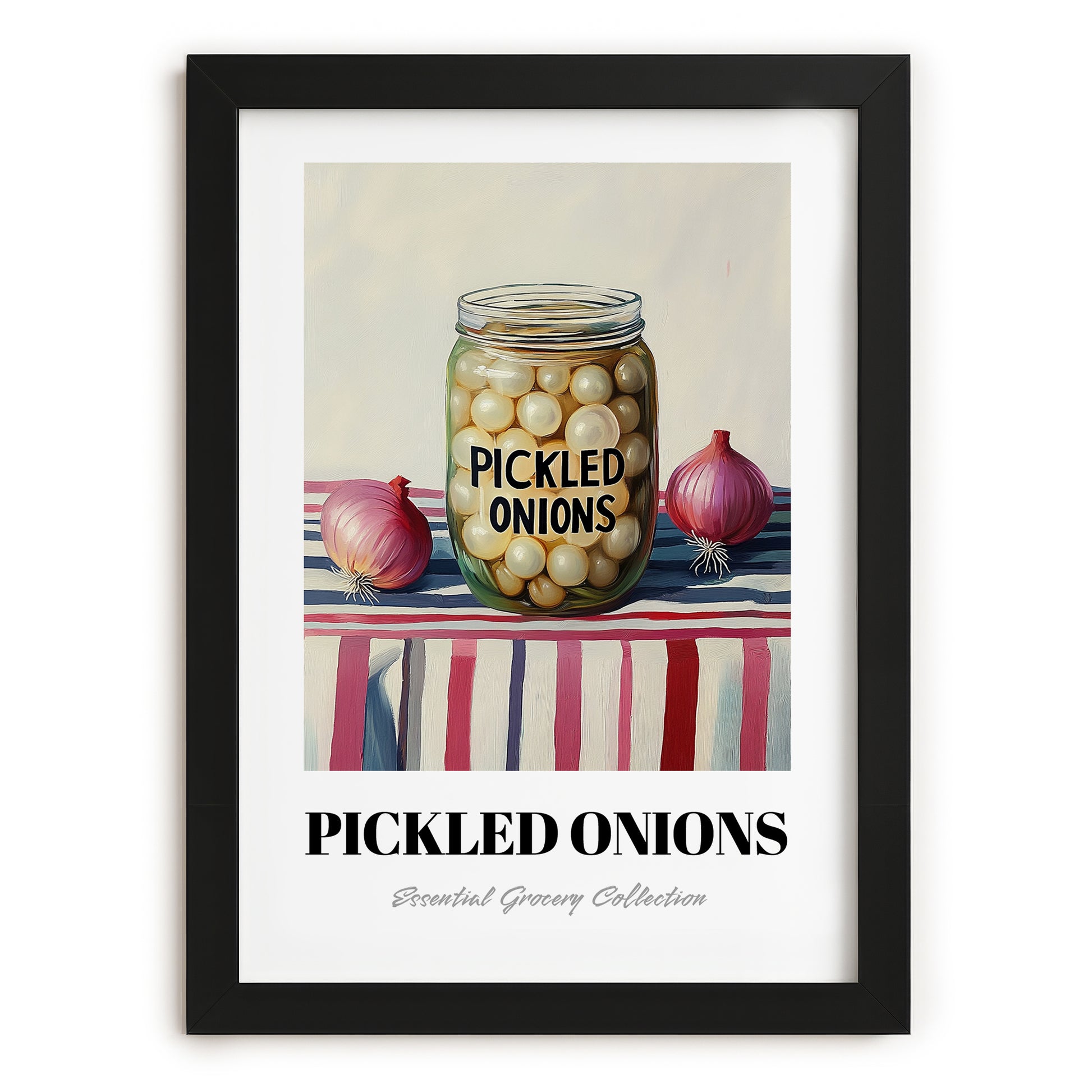 Pickled Onions – on Striped Tablecloth, Canned Vegetables Still Life, in sleek black frame