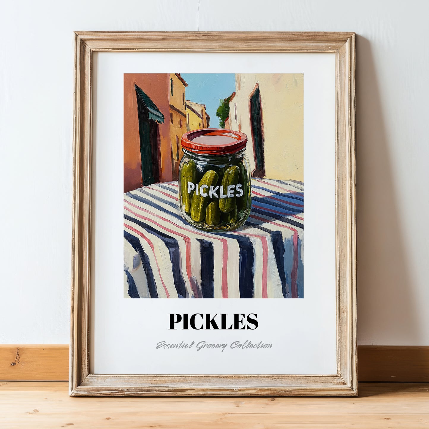 Pickles – Italian Outdoor Café Scene, Bbq Wall Decor, in wooden frame leaning on the floor