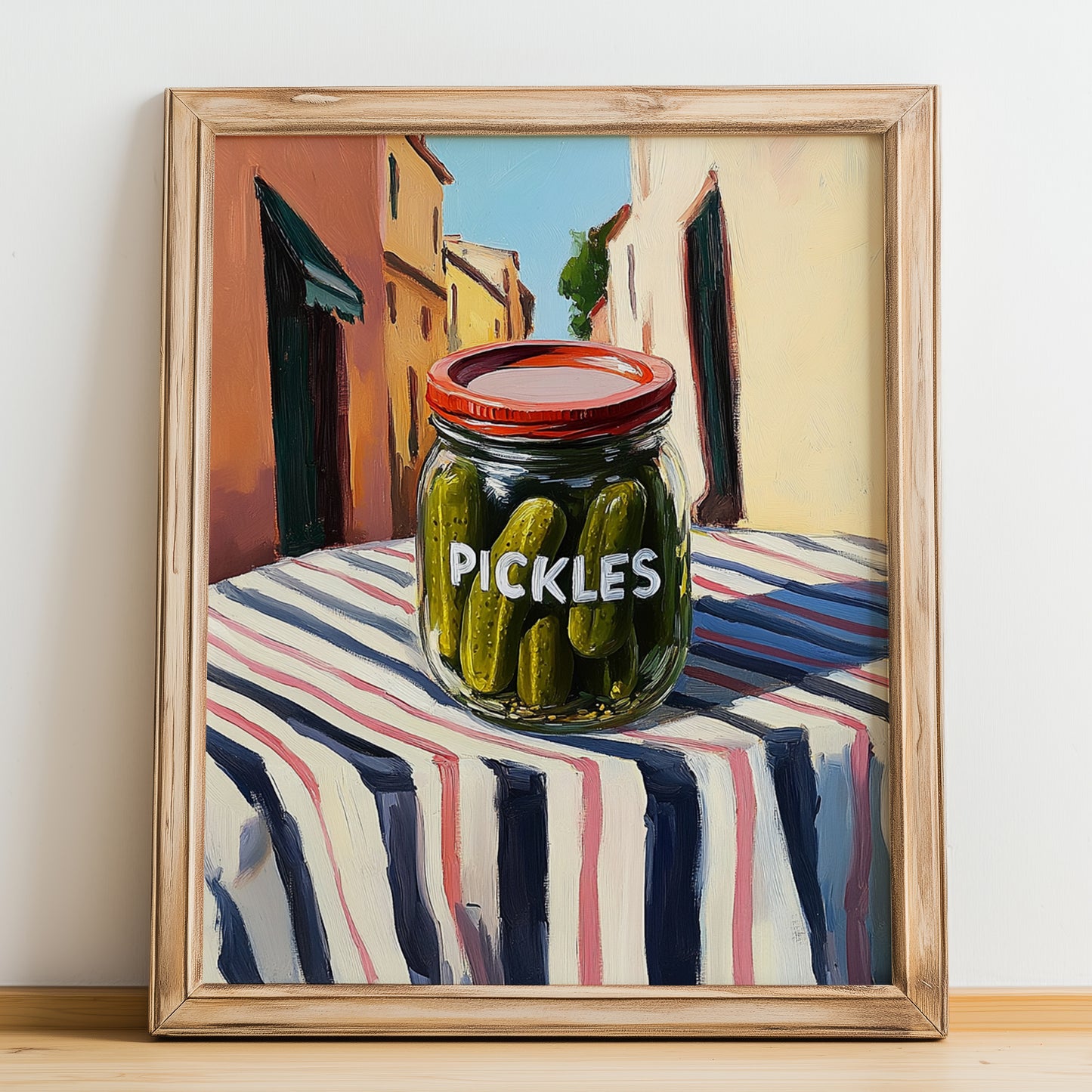 Pickles – Italian Outdoor Café Scene, Bbq Wall Decor, no-text version framed in wood
