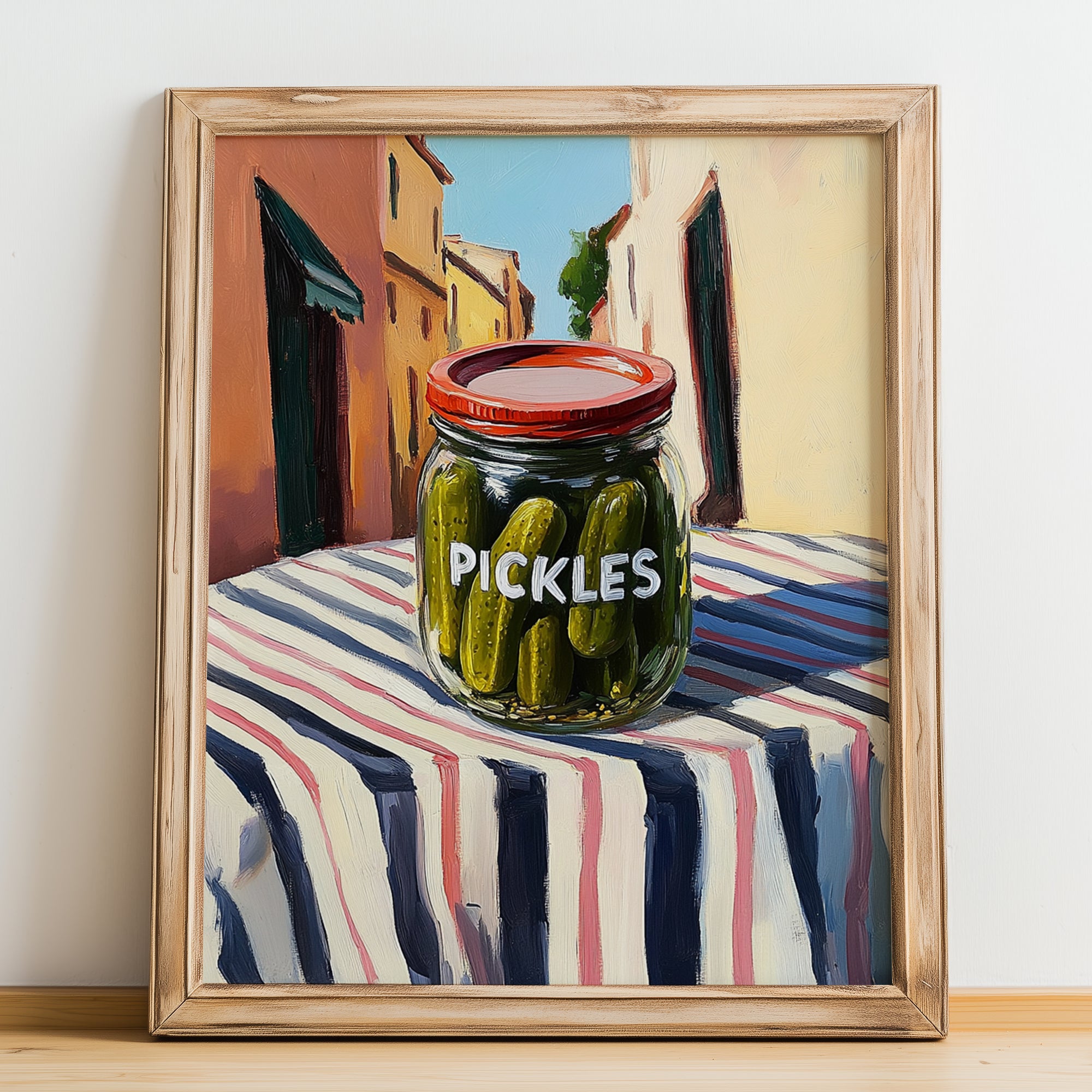 Pickles – Italian Outdoor Café Scene, Bbq Wall Decor, no-text version framed in wood