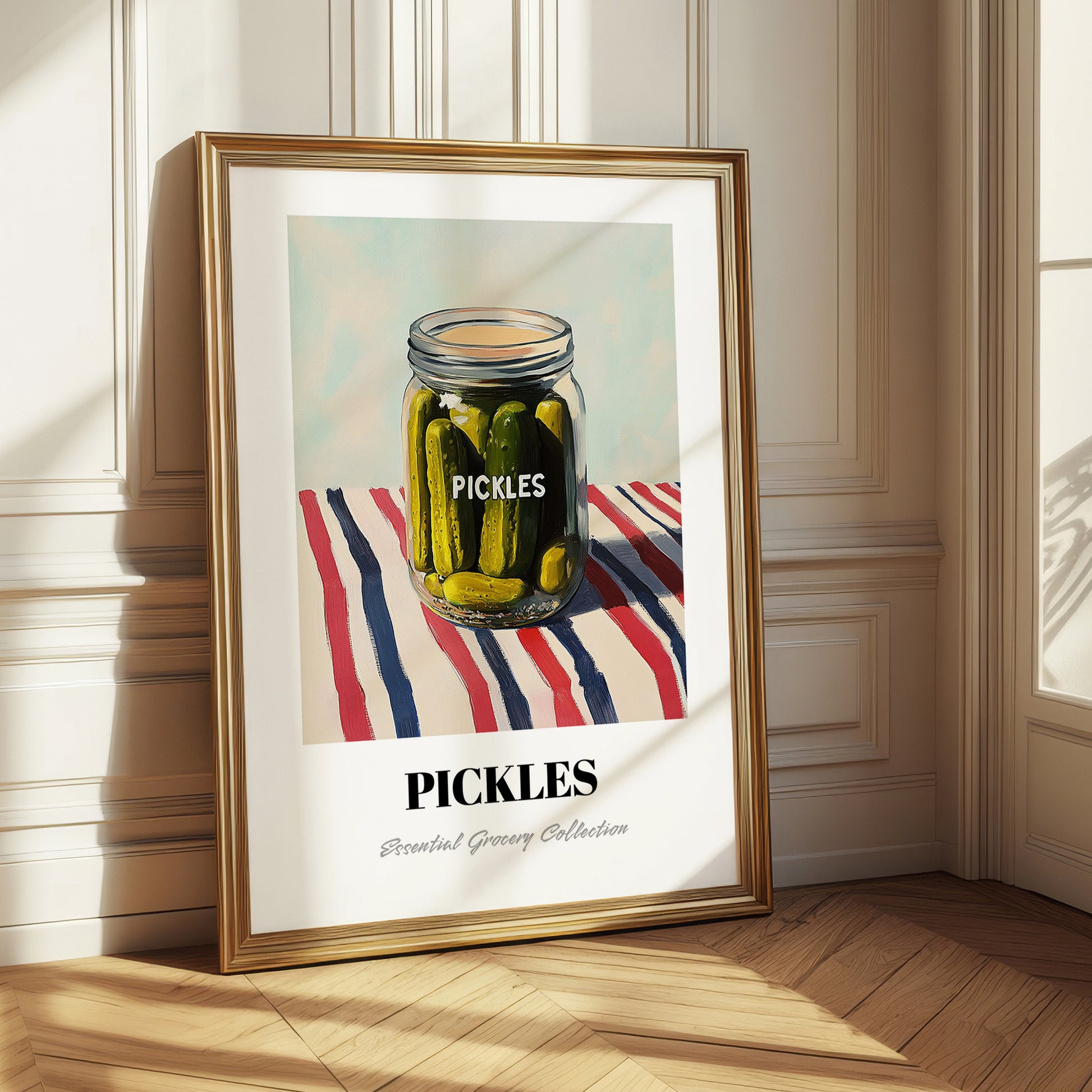 Pickles – on Striped Tablecloth, Canned Vegetables Illustration