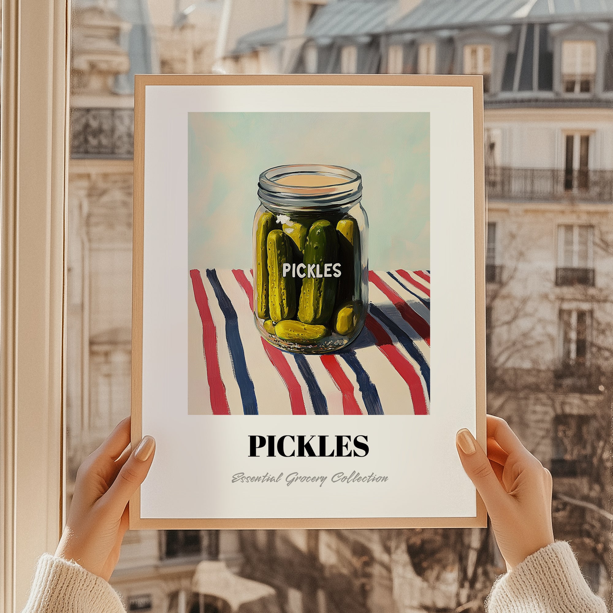 Pickles – on Striped Tablecloth, Canned Vegetables Illustration, styled in a charming Paris street view