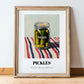 Pickles – on Striped Tablecloth, Canned Vegetables Illustration, in wooden frame leaning on the floor