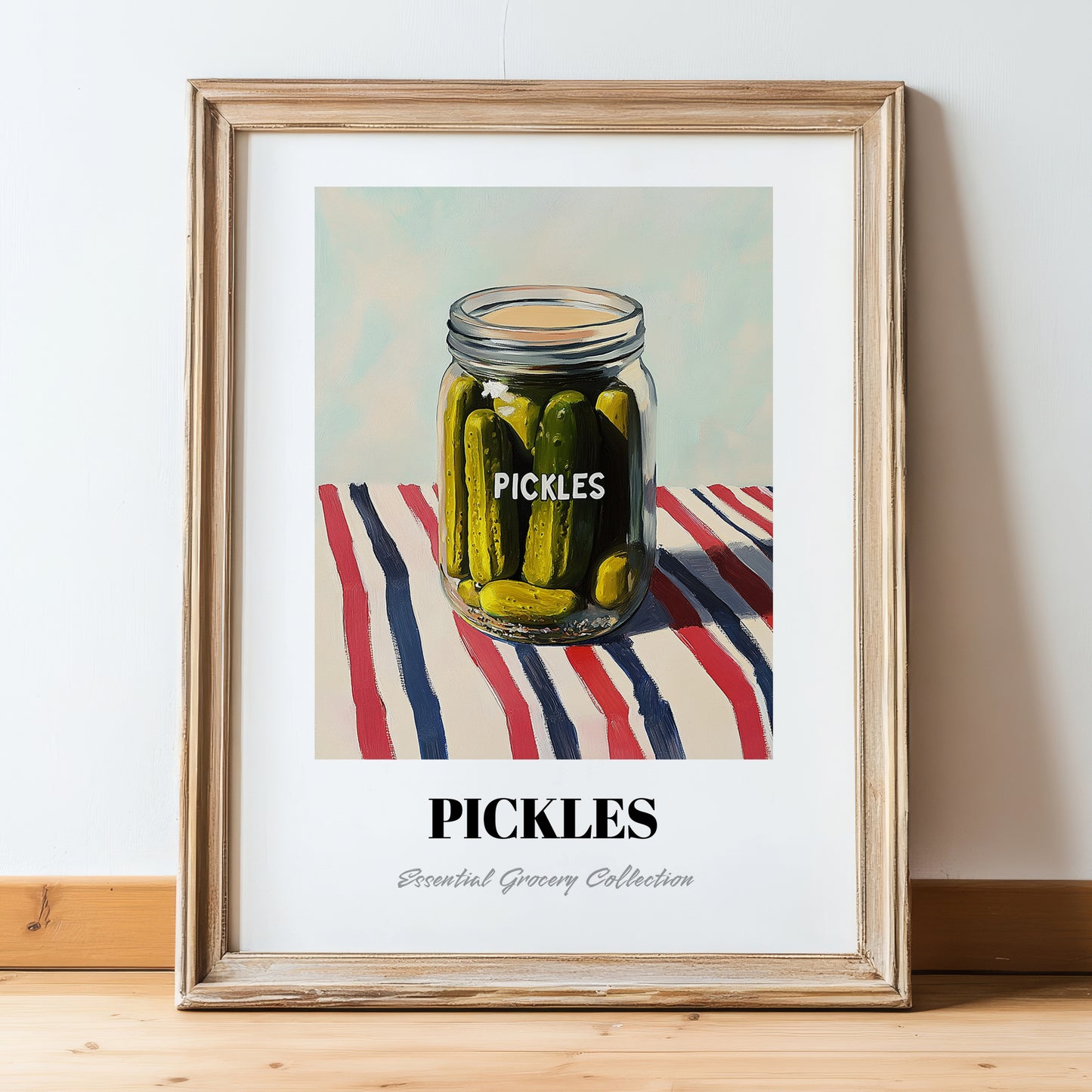 Pickles – on Striped Tablecloth, Canned Vegetables Illustration, in wooden frame leaning on the floor