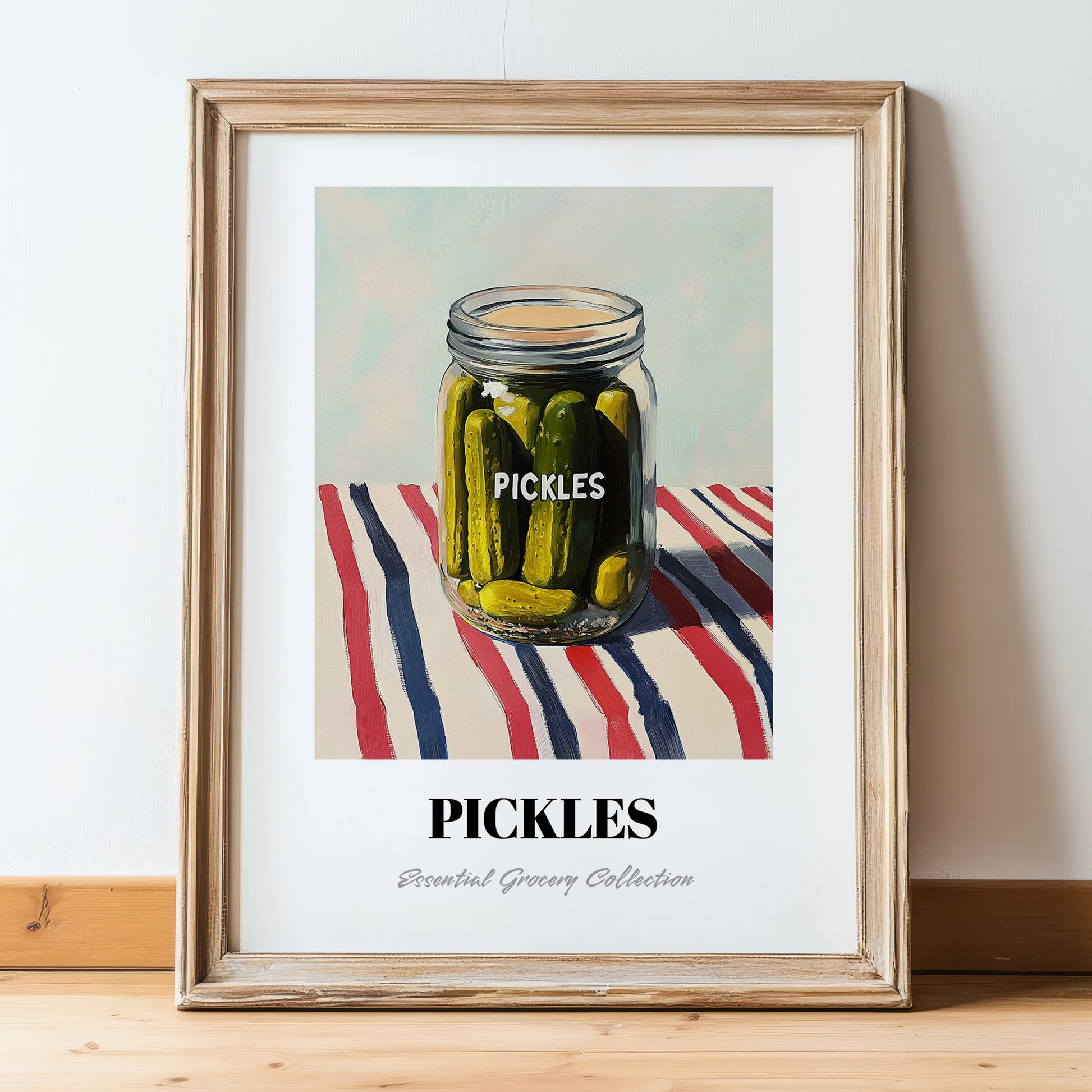 Pickles – on Striped Tablecloth, Canned Vegetables Illustration, in wooden frame leaning on the floor