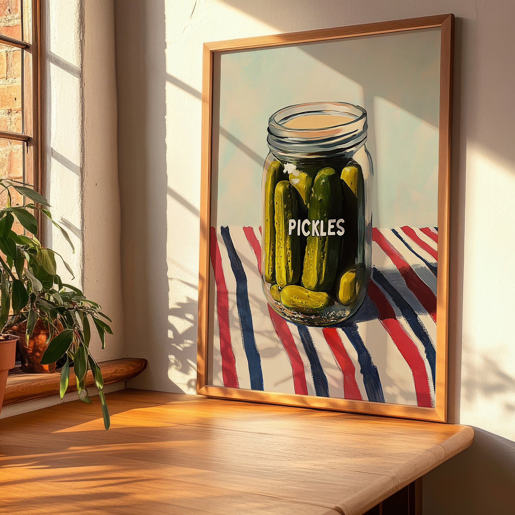 Pickles – on Striped Tablecloth, Canned Vegetables Illustration, clean layout with no caption