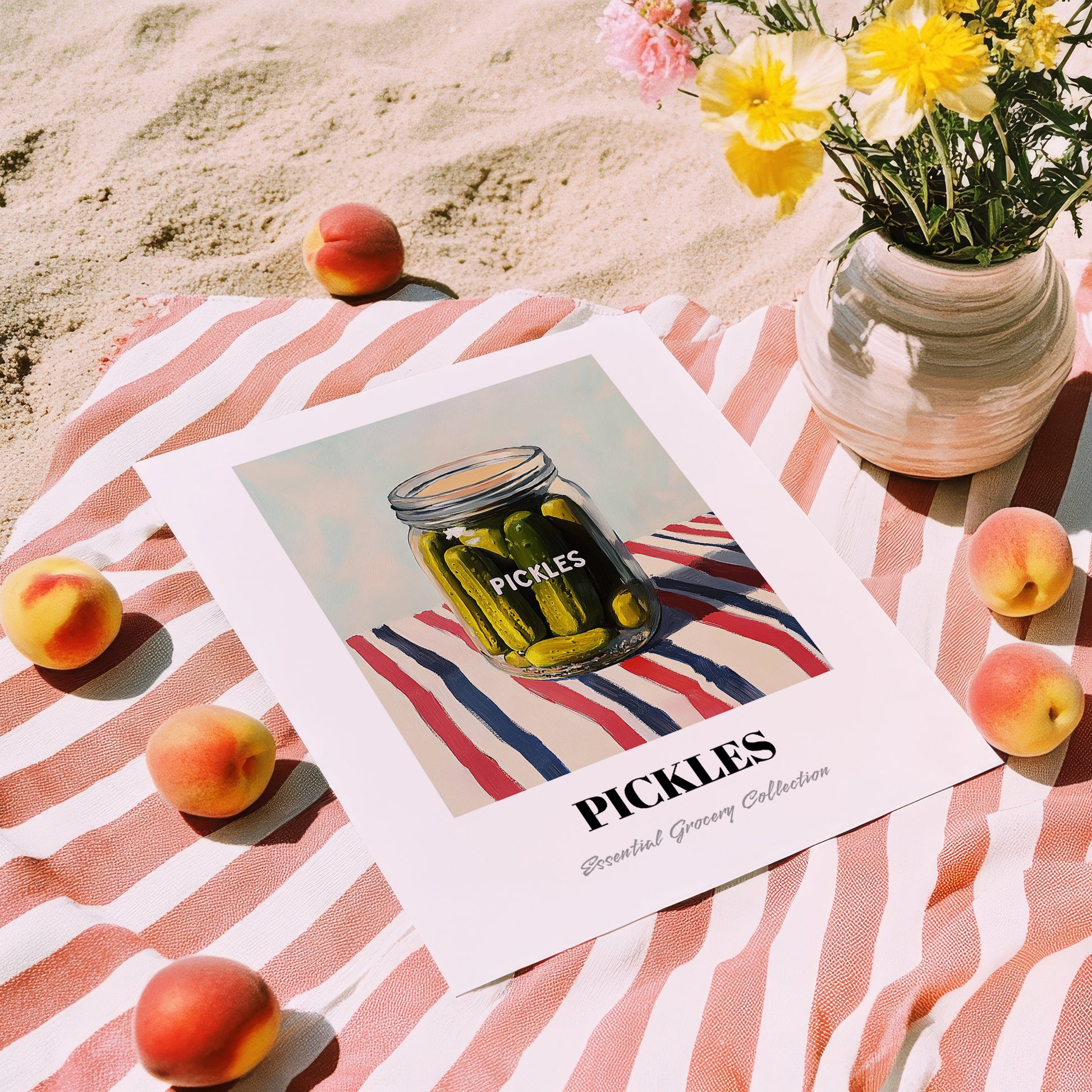 Pickles – on Striped Tablecloth, Canned Vegetables Illustration, unframed on coastal sand