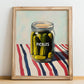 Pickles – on Striped Tablecloth, Canned Vegetables Illustration, no-text version framed in wood