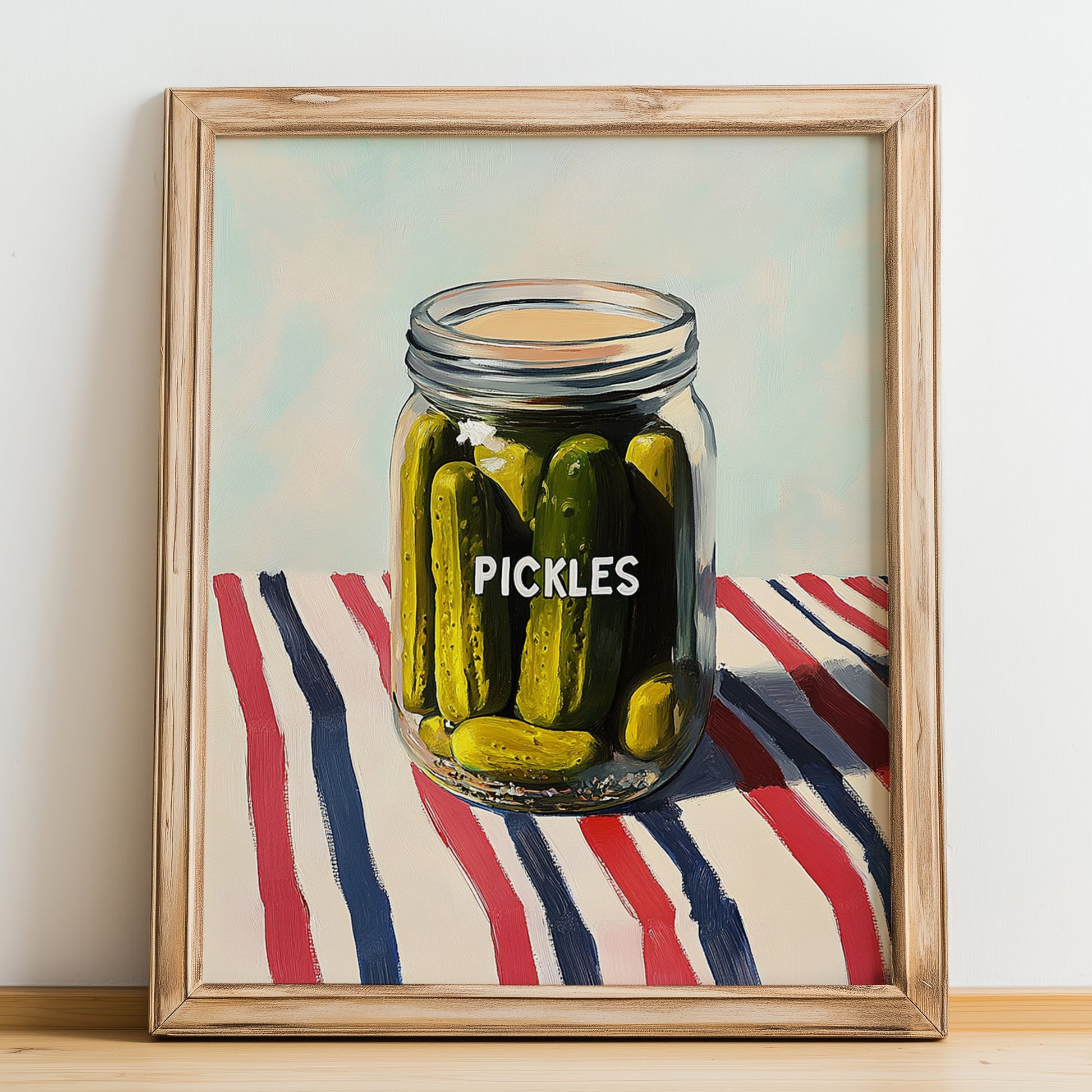 Pickles – on Striped Tablecloth, Canned Vegetables Illustration, no-text version framed in wood