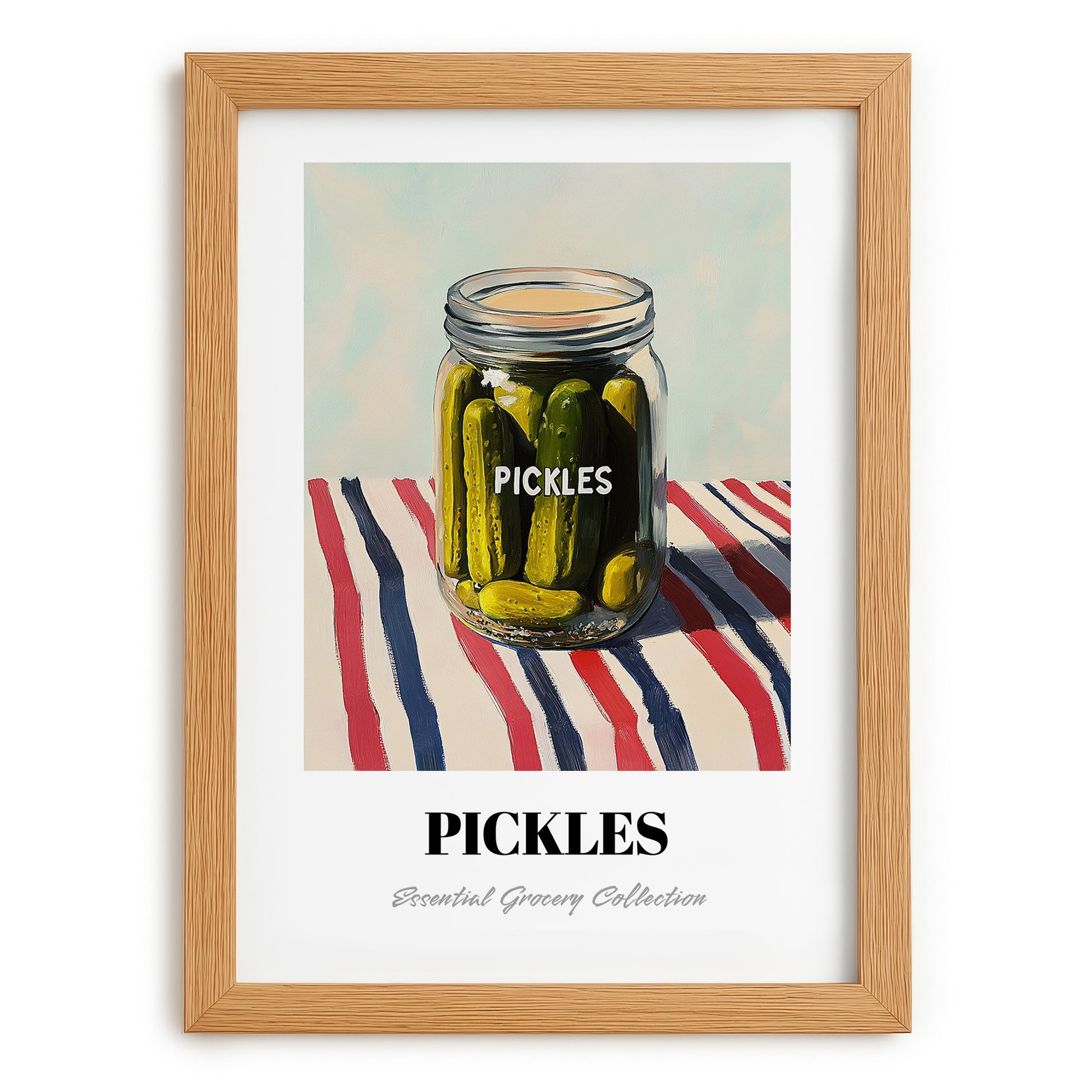 Pickles – on Striped Tablecloth, Canned Vegetables Illustration, set in oak frame