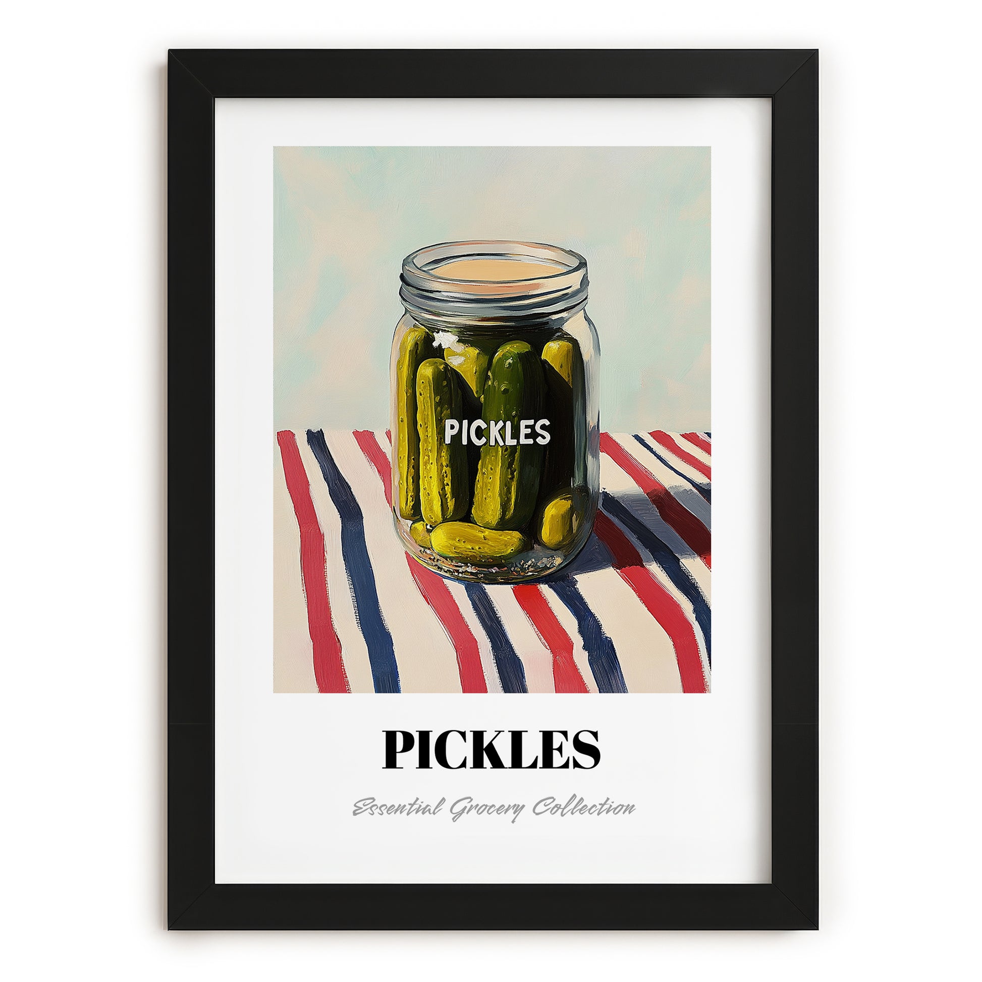 Pickles – on Striped Tablecloth, Canned Vegetables Illustration, in sleek black frame