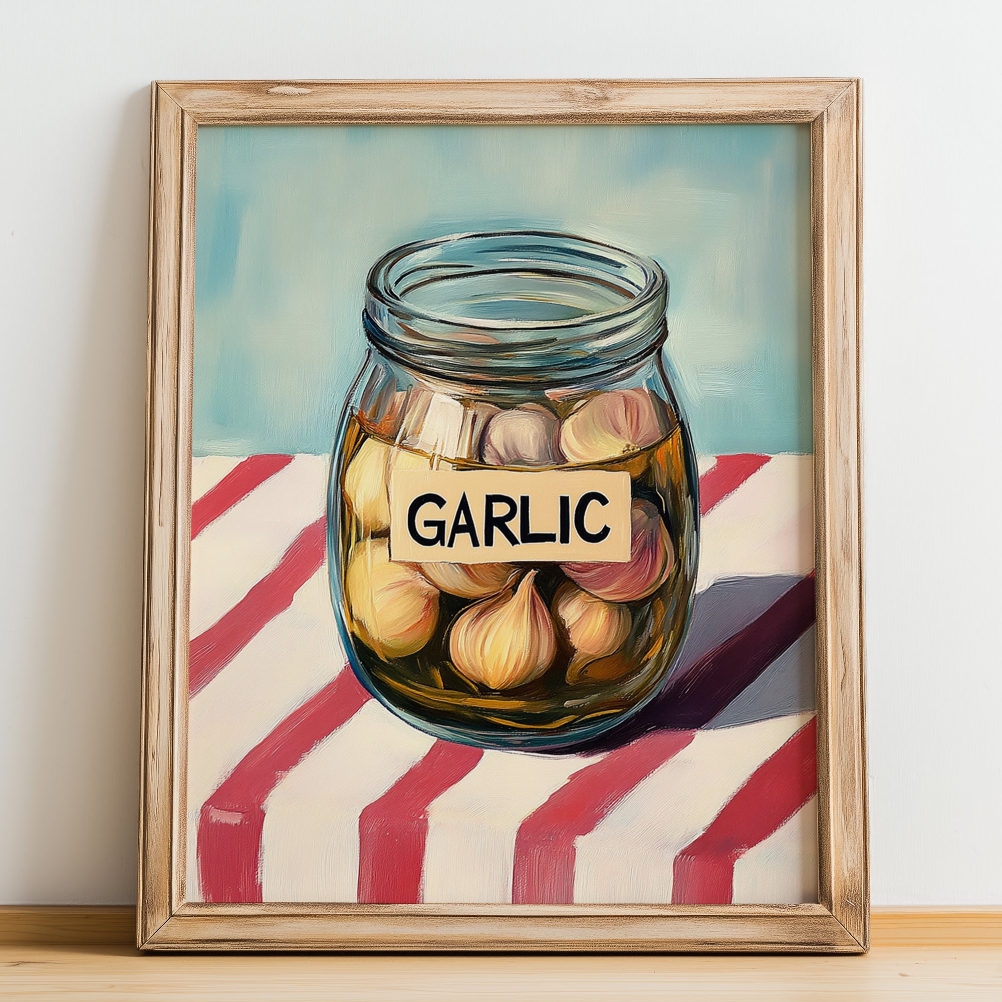 Pickled Garlic – on Striped Tablecloth, Canned Vegetables Still Life, no-text version framed in wood
