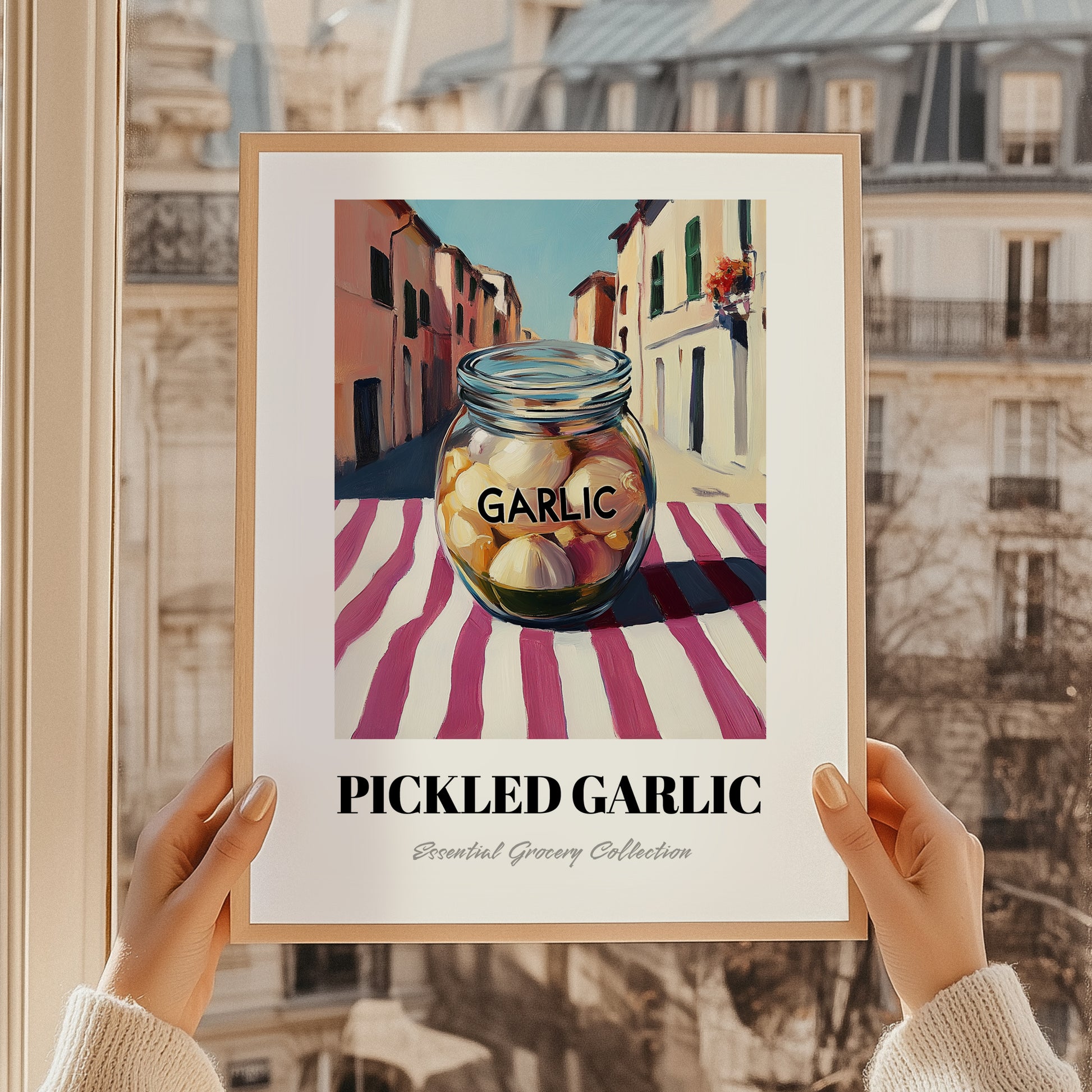 Pickled Garlic – Italian Urban Café Scene, Canned Vegetables Wall Decor, styled in a charming Paris street view